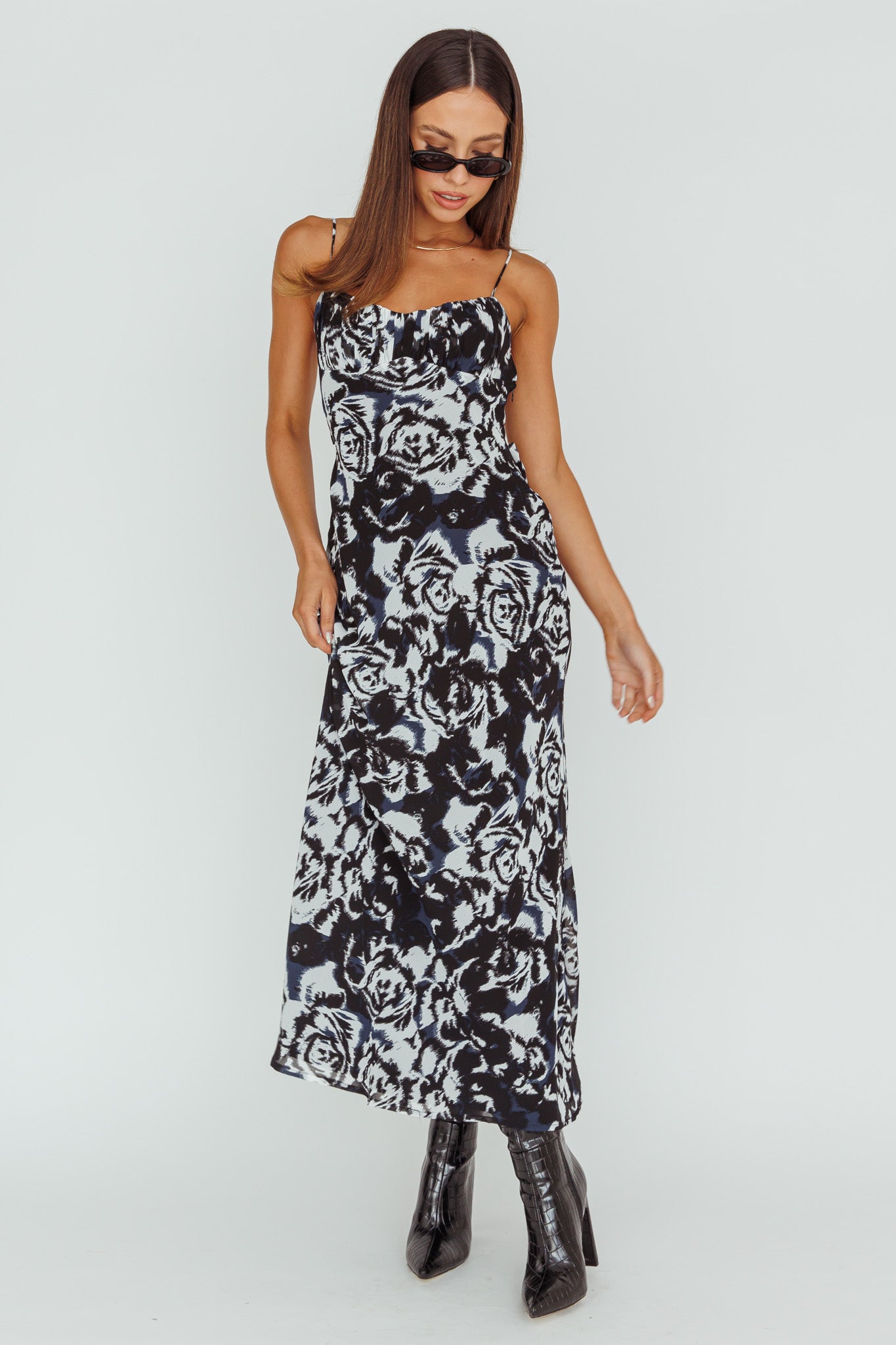 Nerida Twist Back Maxi Dress Swirl Black by Selfie Leslie Australia