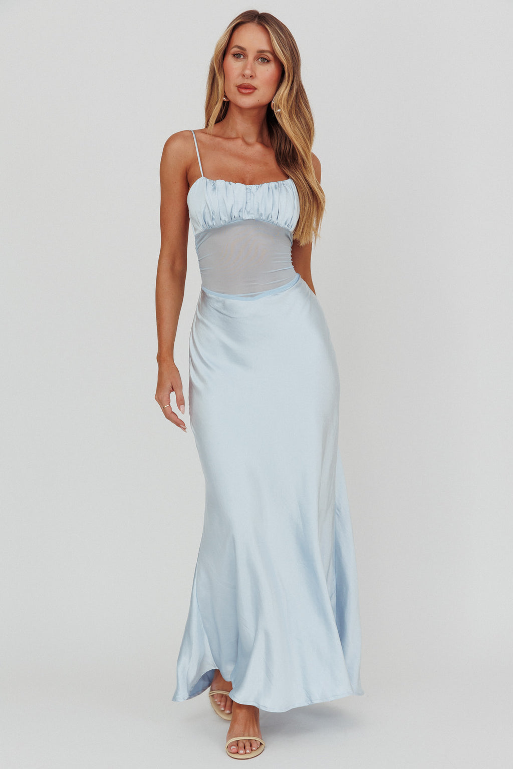 Nerida Sheer Waist Back Twist Maxi Dress Blue by Selfie Leslie Australia