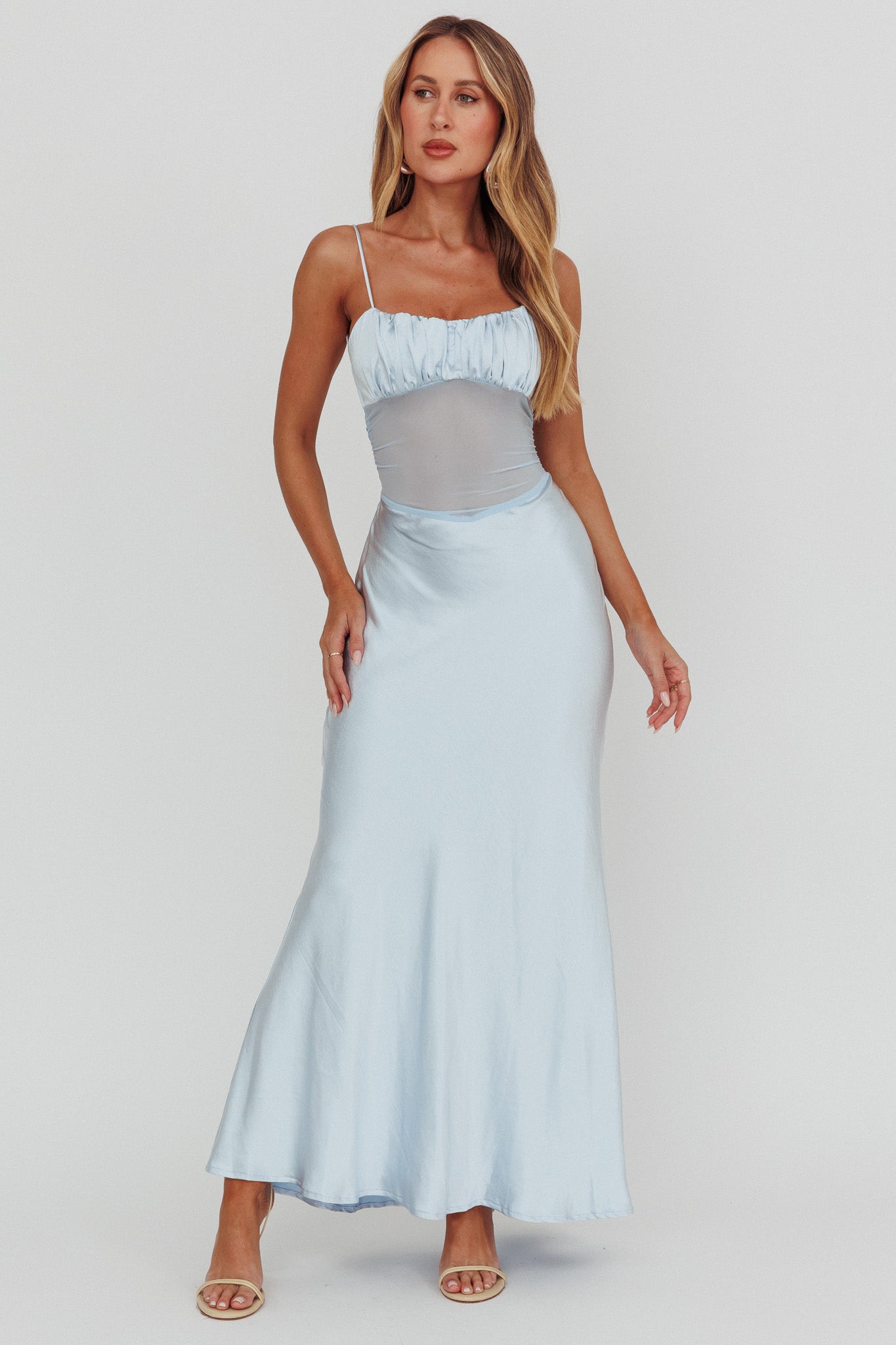 Nerida Sheer Waist Back Twist Maxi Dress Blue by Selfie Leslie Australia