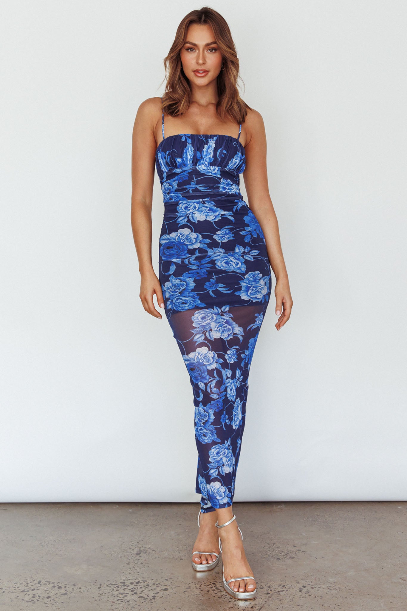 Zosia Ruched Maxi Dress Floral Navy by Selfie Leslie Australia
