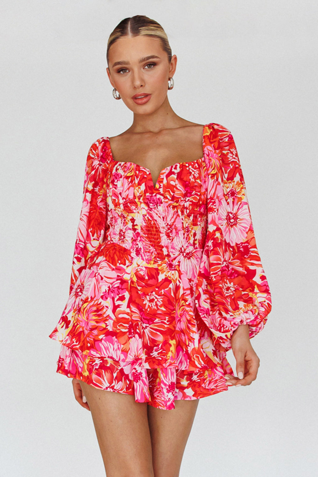 Evanice Shirred Waist Romper Floral Red by Selfie Leslie Australia