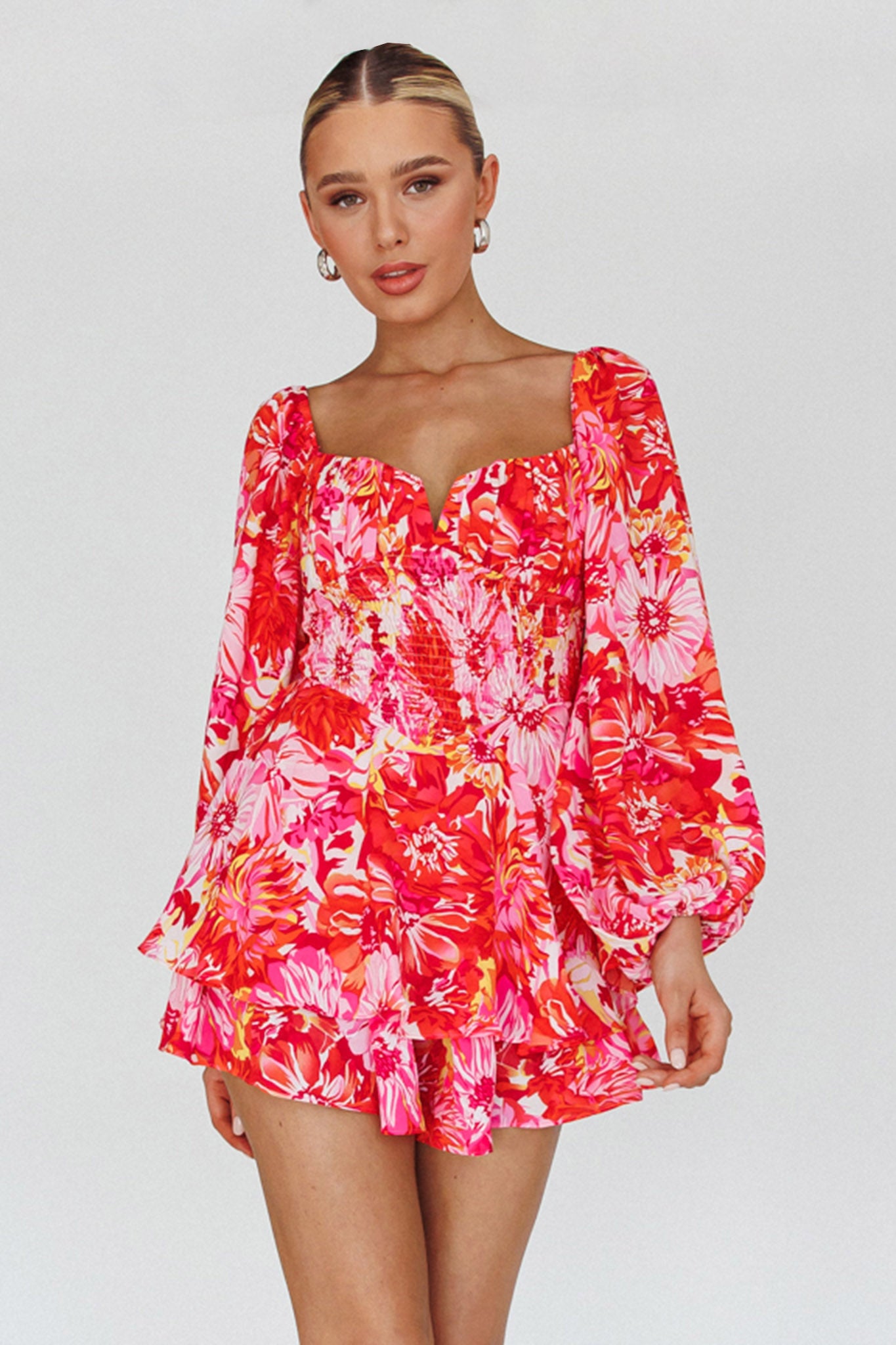 Evanice Shirred Waist Romper Floral Red by Selfie Leslie Australia