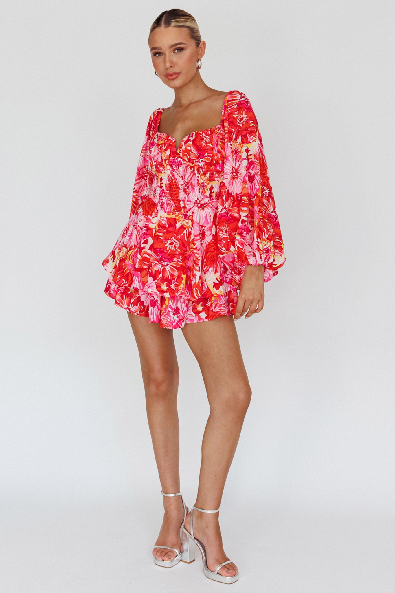 Evanice Shirred Waist Romper Floral Red by Selfie Leslie Australia
