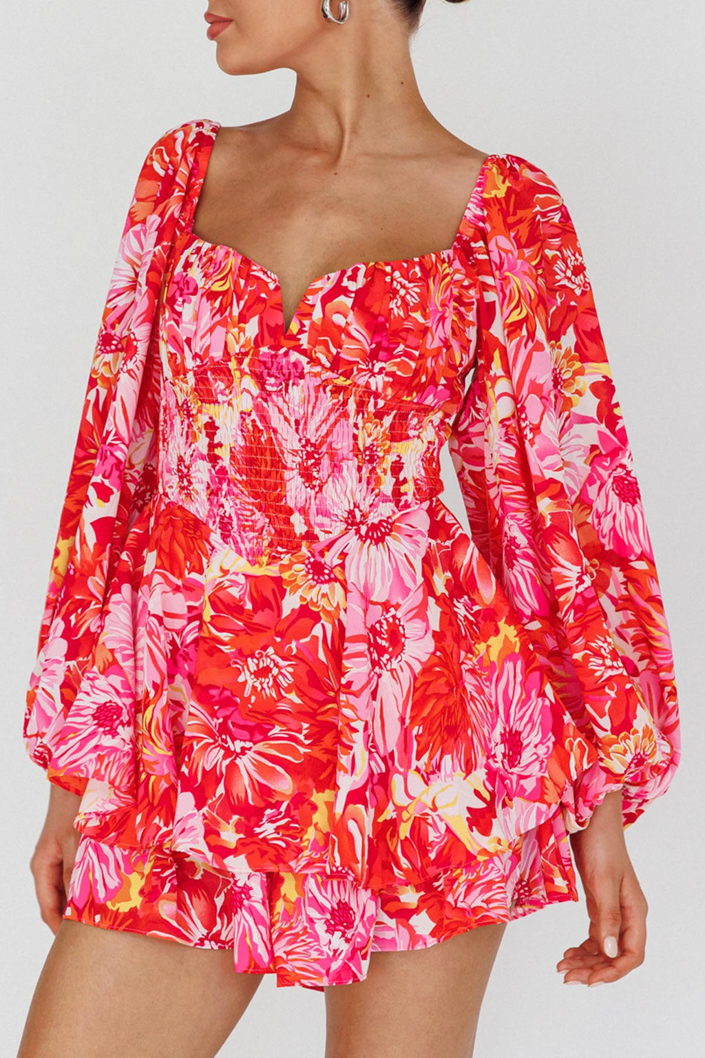 Evanice Shirred Waist Romper Floral Red by Selfie Leslie Australia