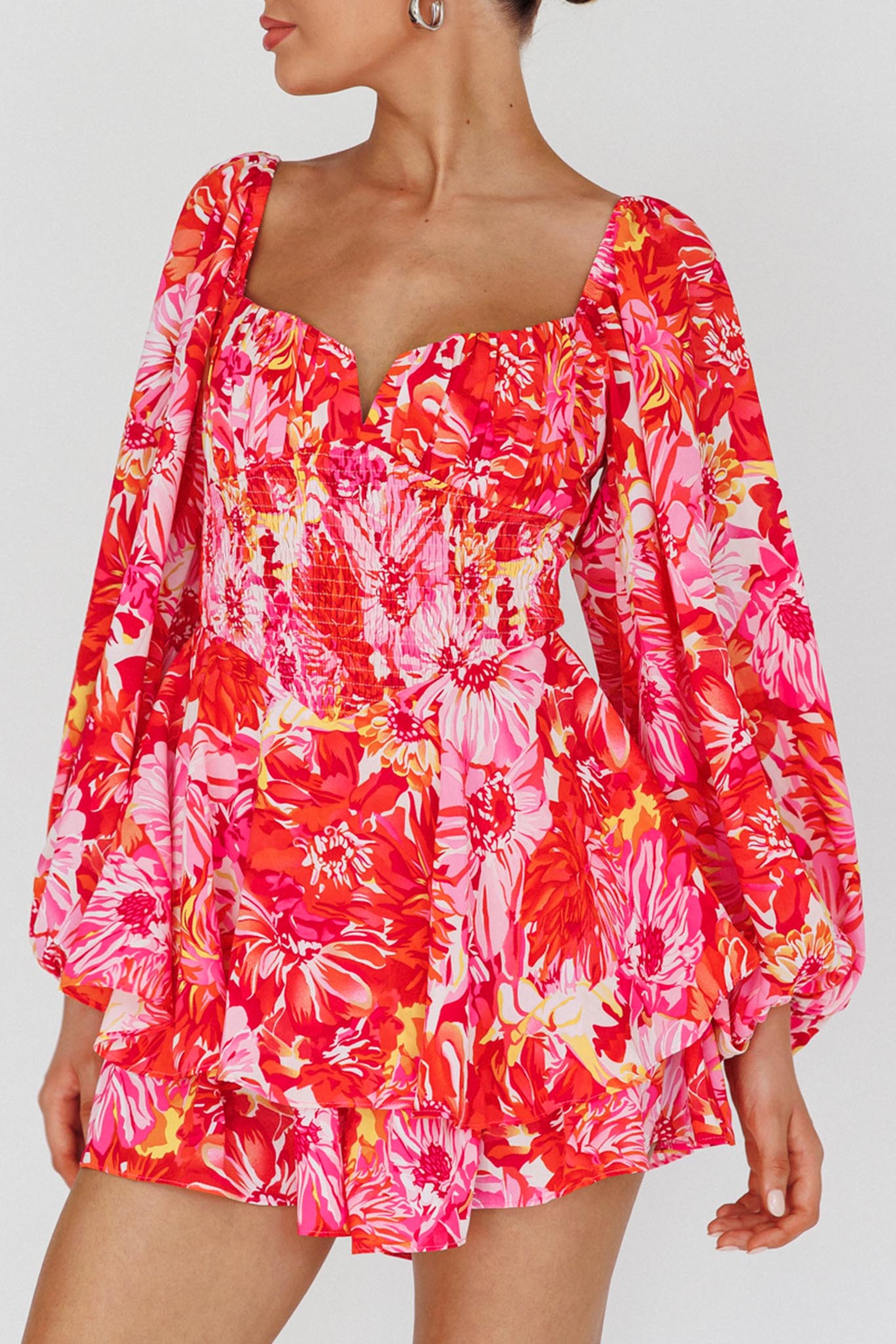 Evanice Shirred Waist Romper Floral Red by Selfie Leslie Australia