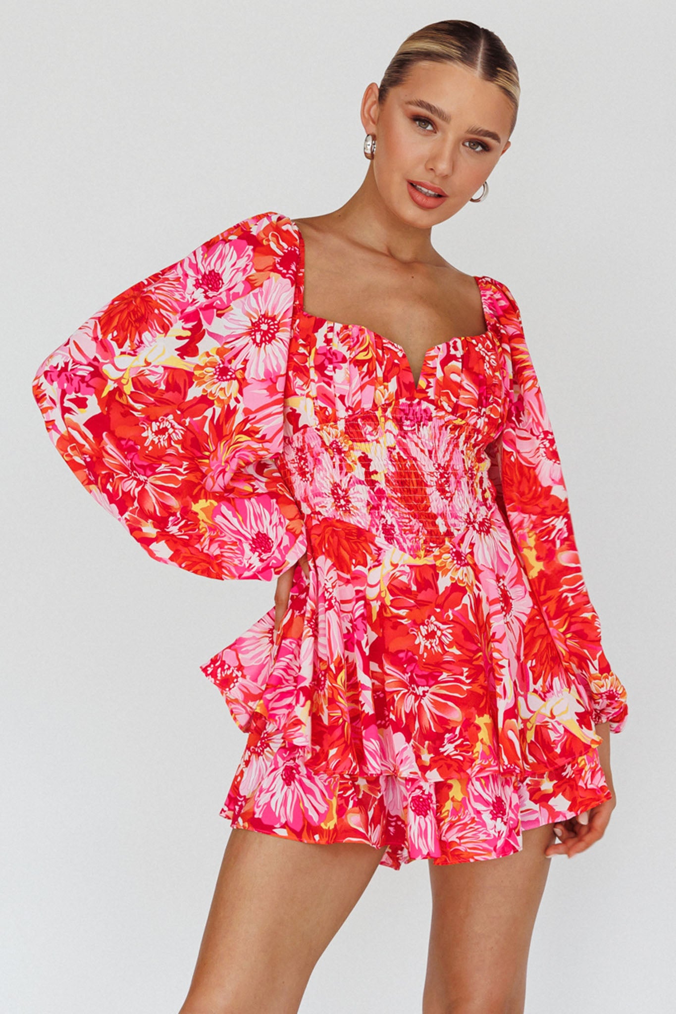 Evanice Shirred Waist Romper Floral Red by Selfie Leslie Australia