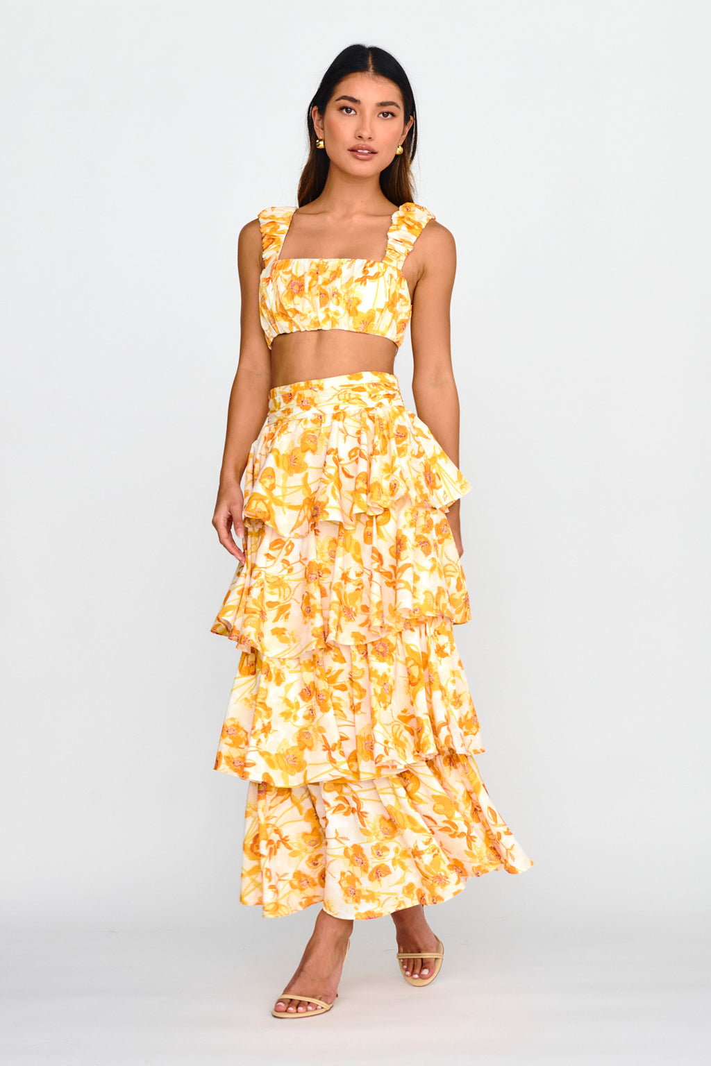 Suenito Tiered Frill Maxi Skirt Floral Orange by Selfie Leslie Australia