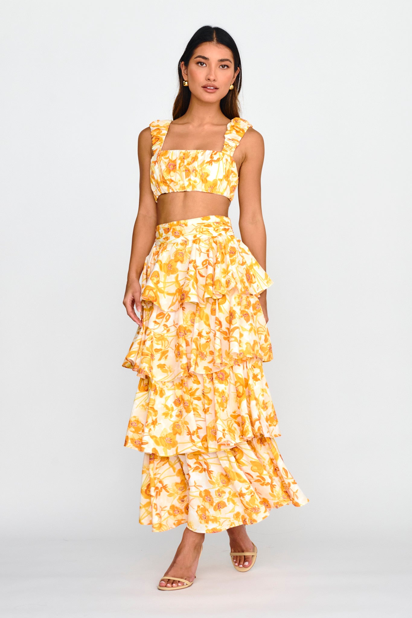 Suenito Tiered Frill Maxi Skirt Floral Orange by Selfie Leslie Australia