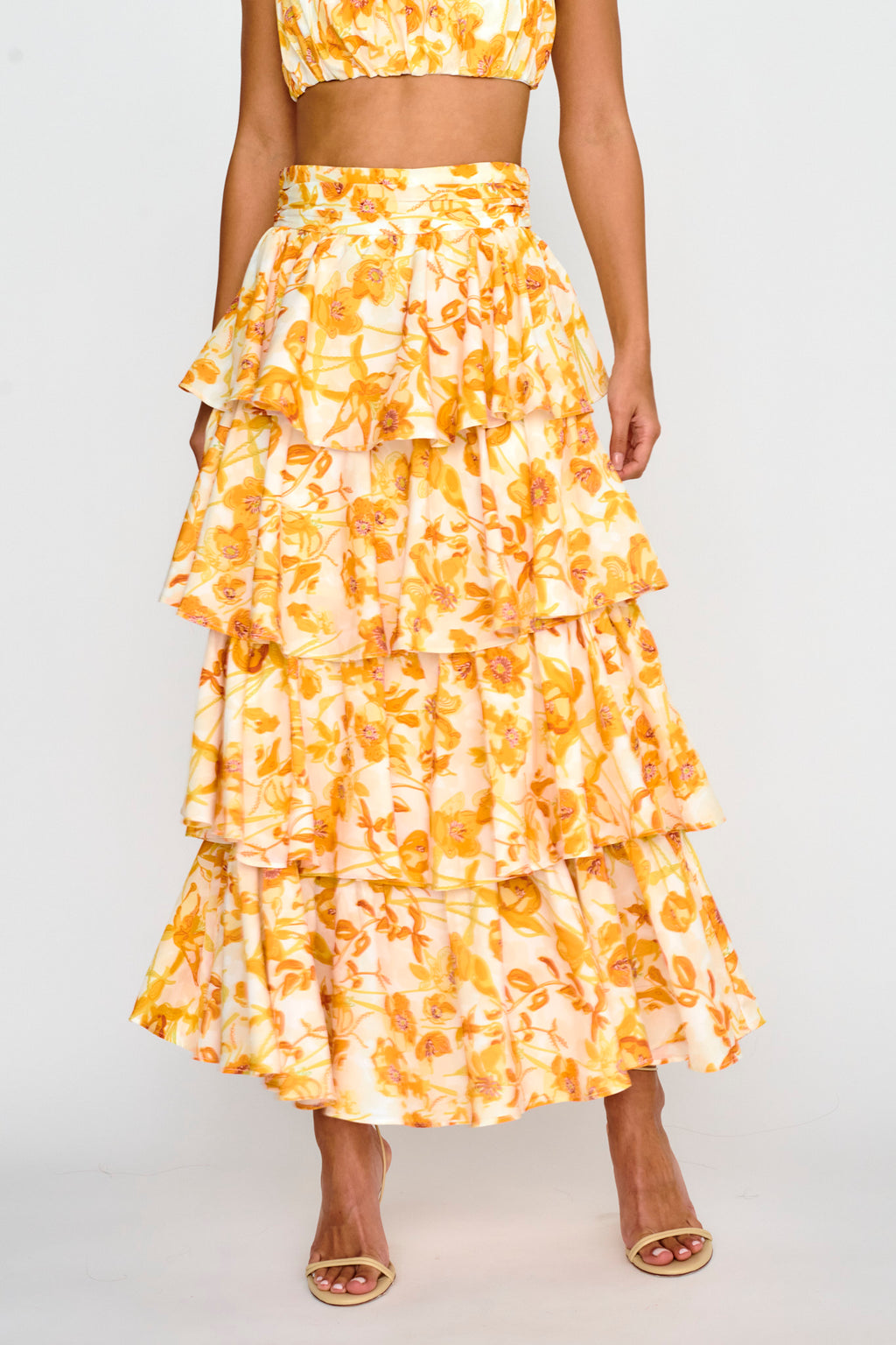 Suenito Tiered Frill Maxi Skirt Floral Orange by Selfie Leslie Australia