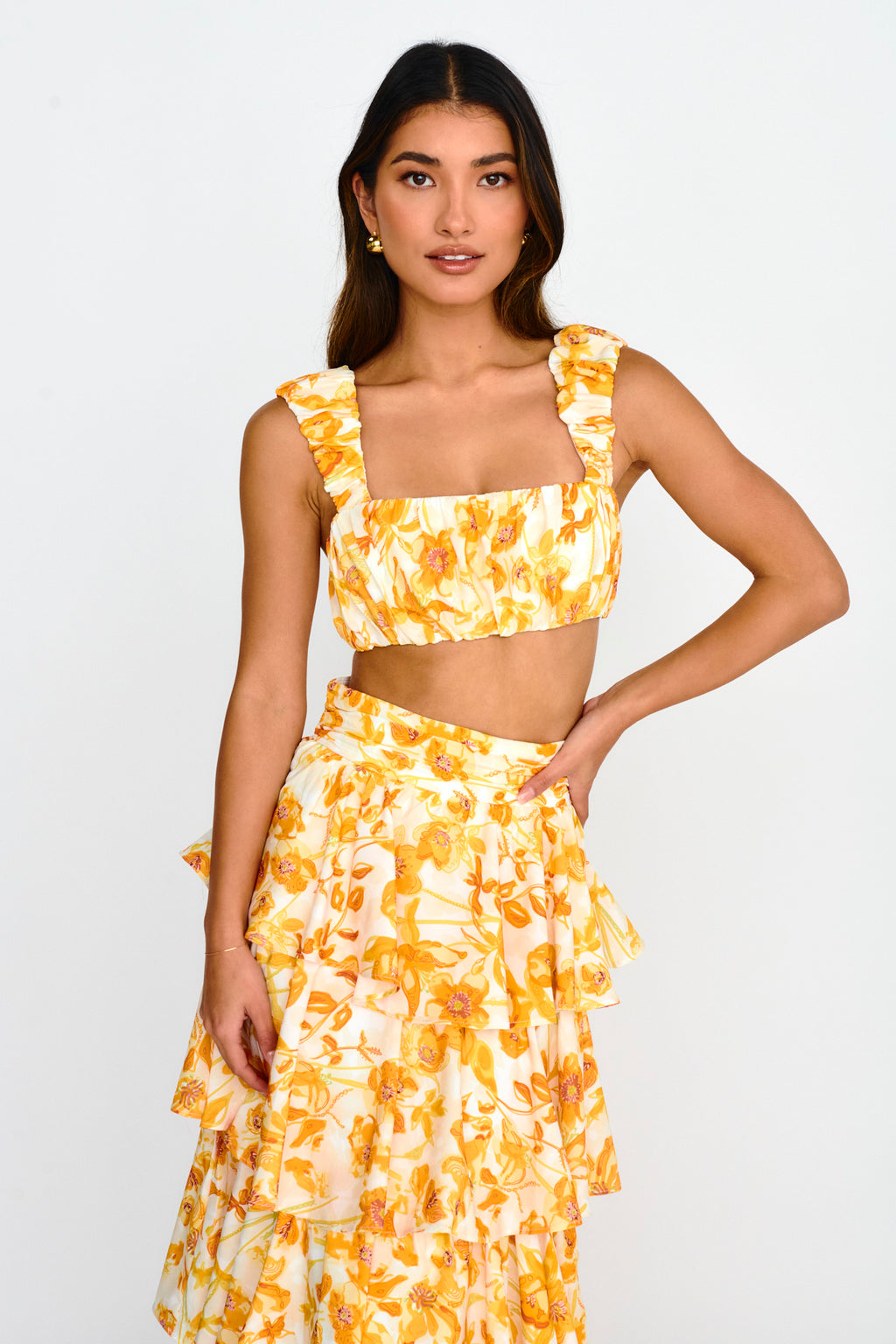 Suenito Gathered Crop Top Floral Orange by Selfie Leslie Australia