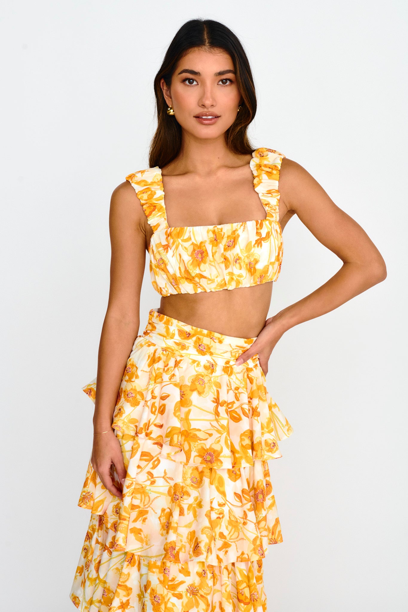 Suenito Gathered Crop Top Floral Orange by Selfie Leslie Australia