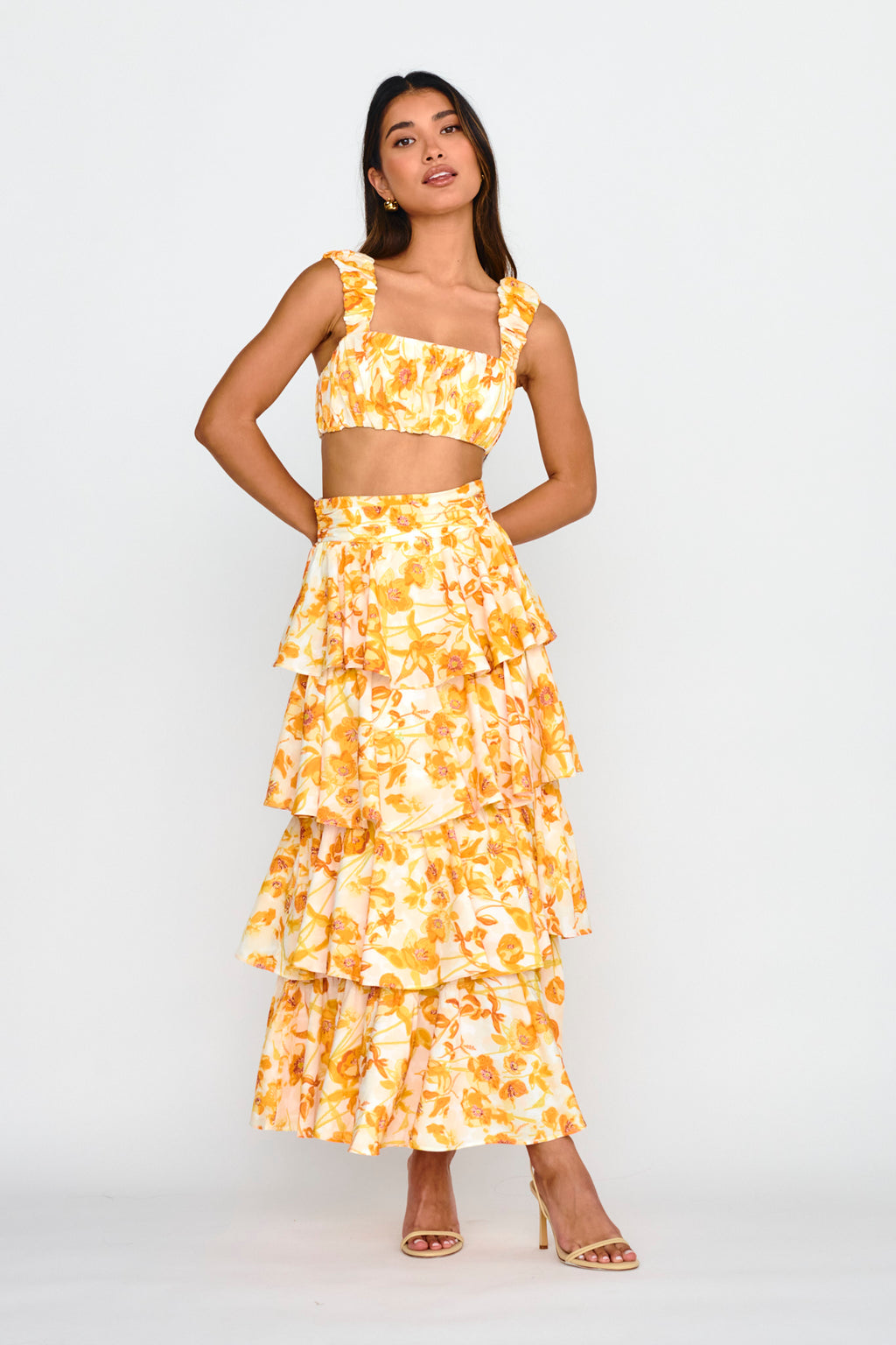 Suenito Gathered Crop Top Floral Orange by Selfie Leslie Australia