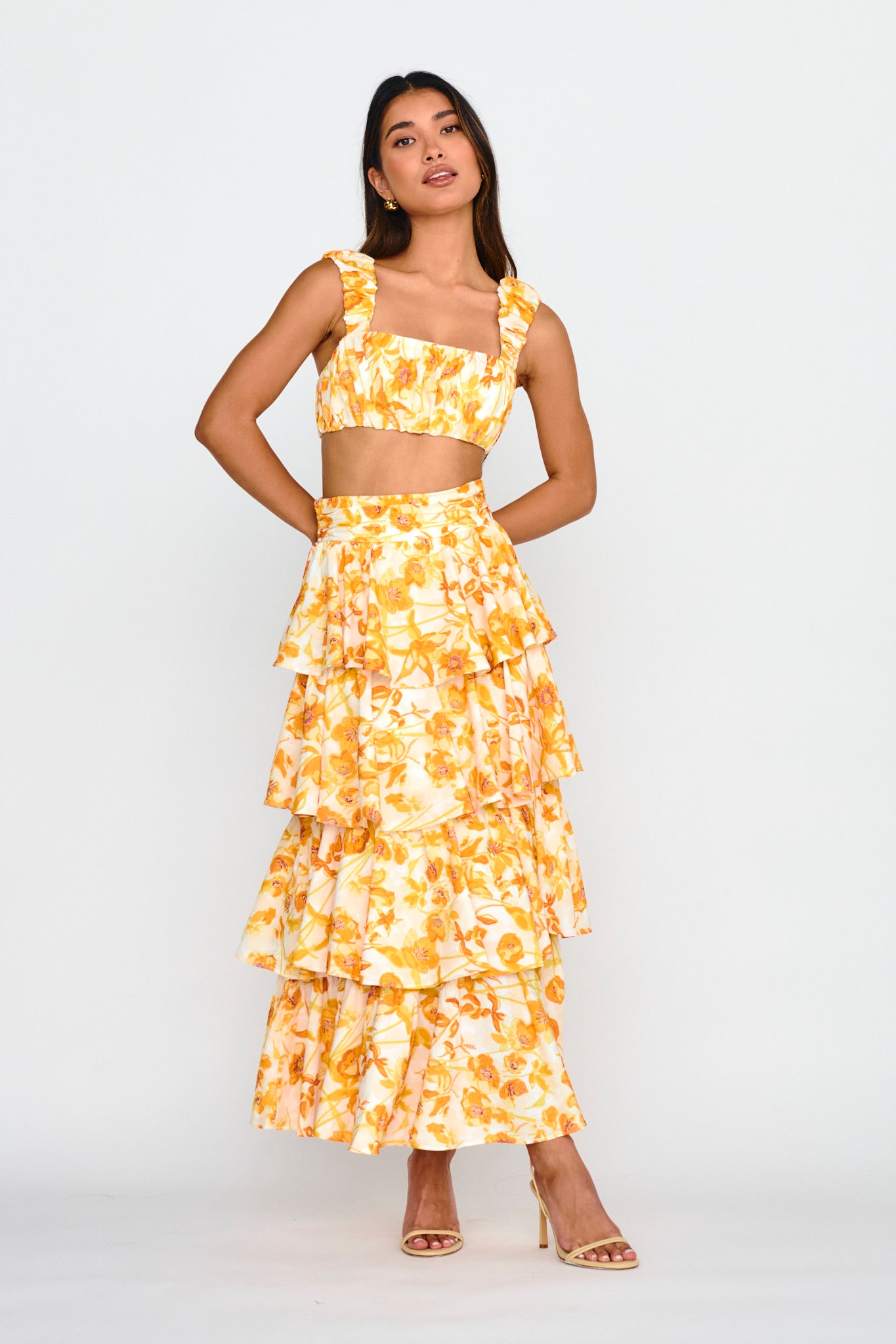 Suenito Gathered Crop Top Floral Orange by Selfie Leslie Australia