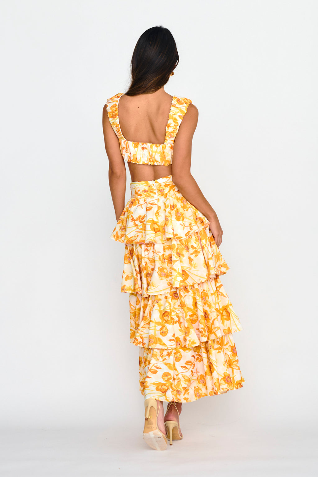 Suenito Gathered Crop Top Floral Orange by Selfie Leslie Australia