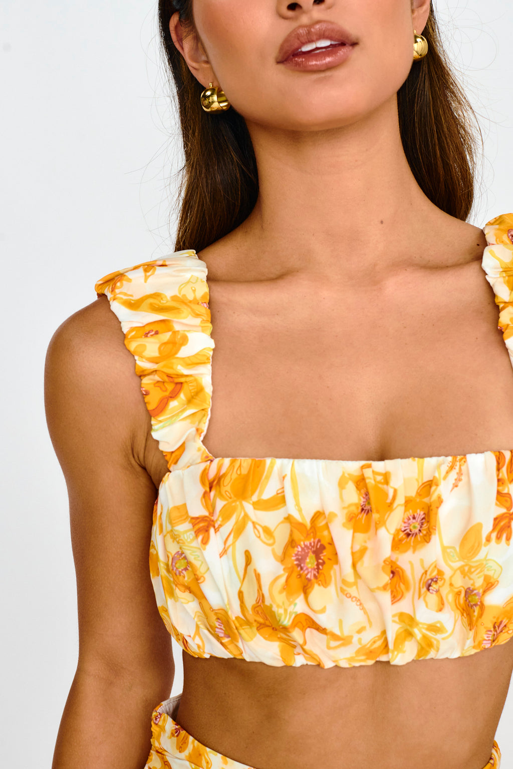 Suenito Gathered Crop Top Floral Orange by Selfie Leslie Australia