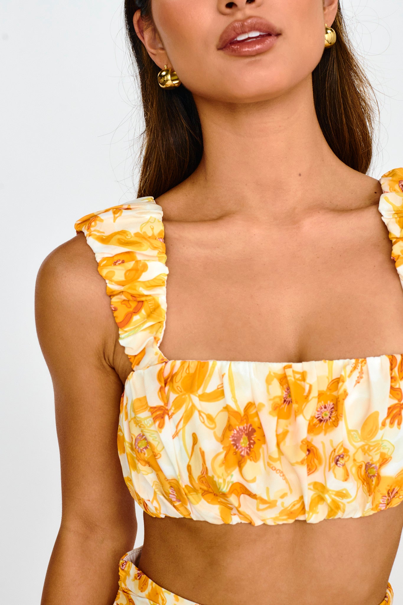 Suenito Gathered Crop Top Floral Orange by Selfie Leslie Australia