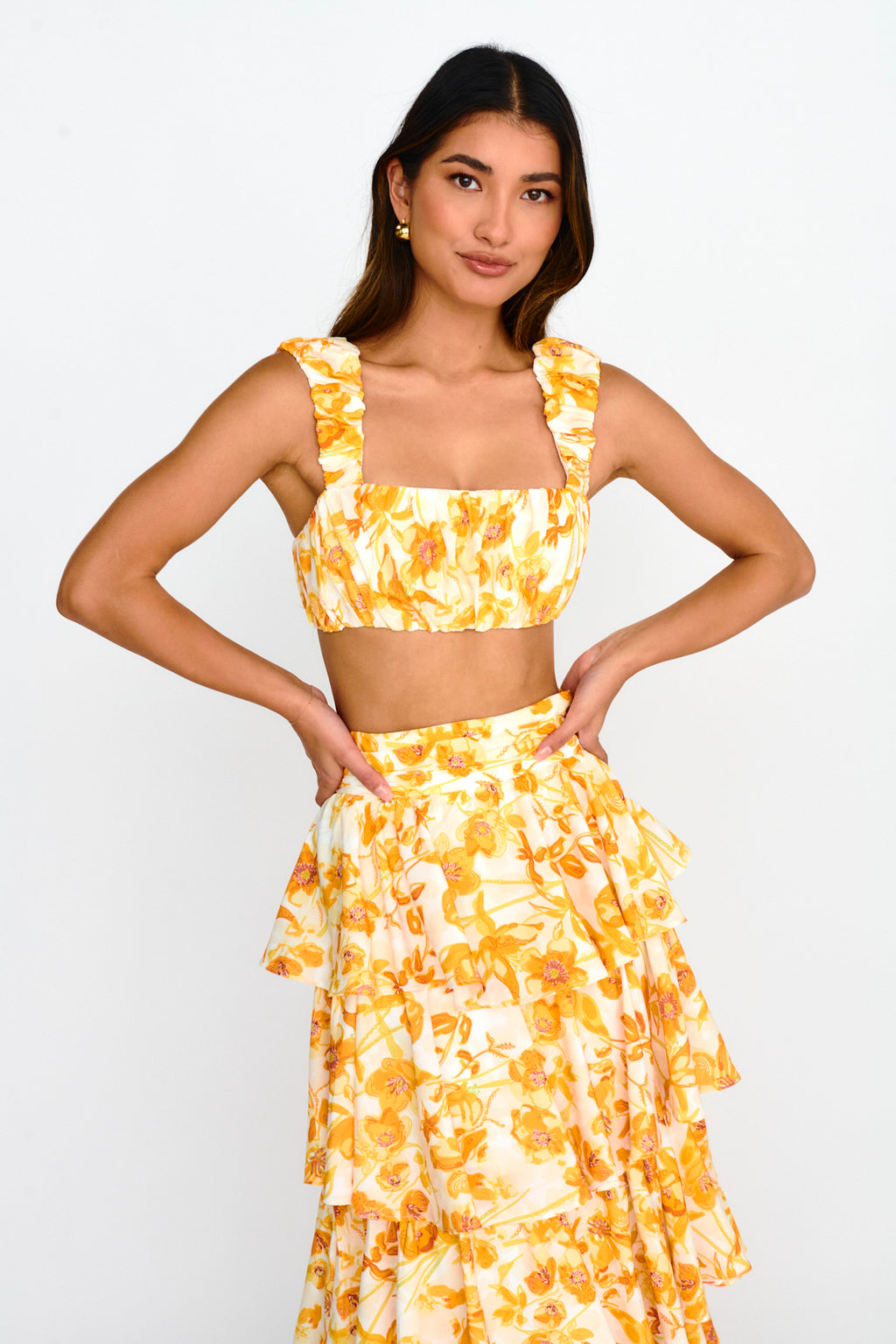 Suenito Gathered Crop Top Floral Orange by Selfie Leslie Australia