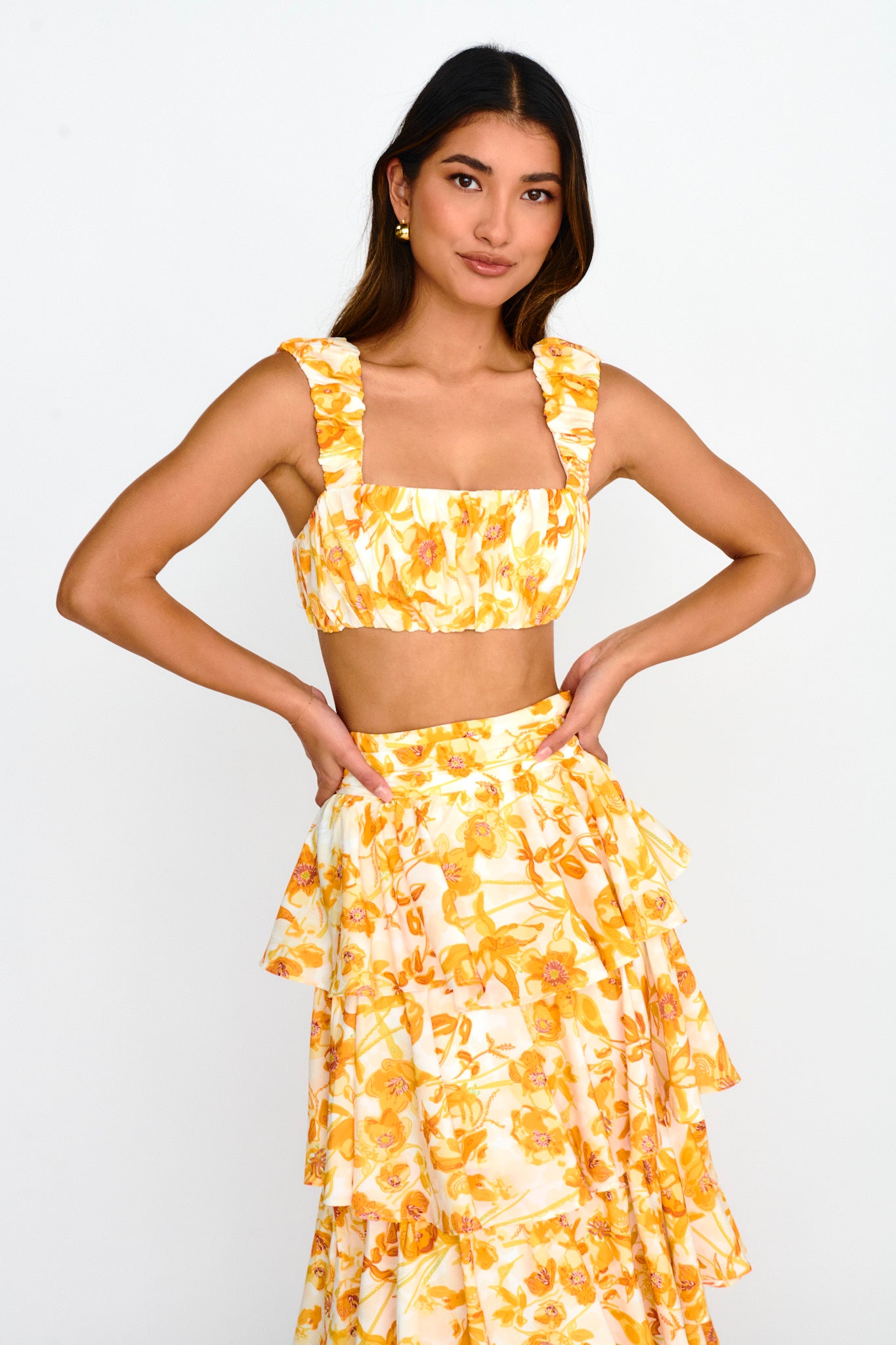 Suenito Gathered Crop Top Floral Orange by Selfie Leslie Australia