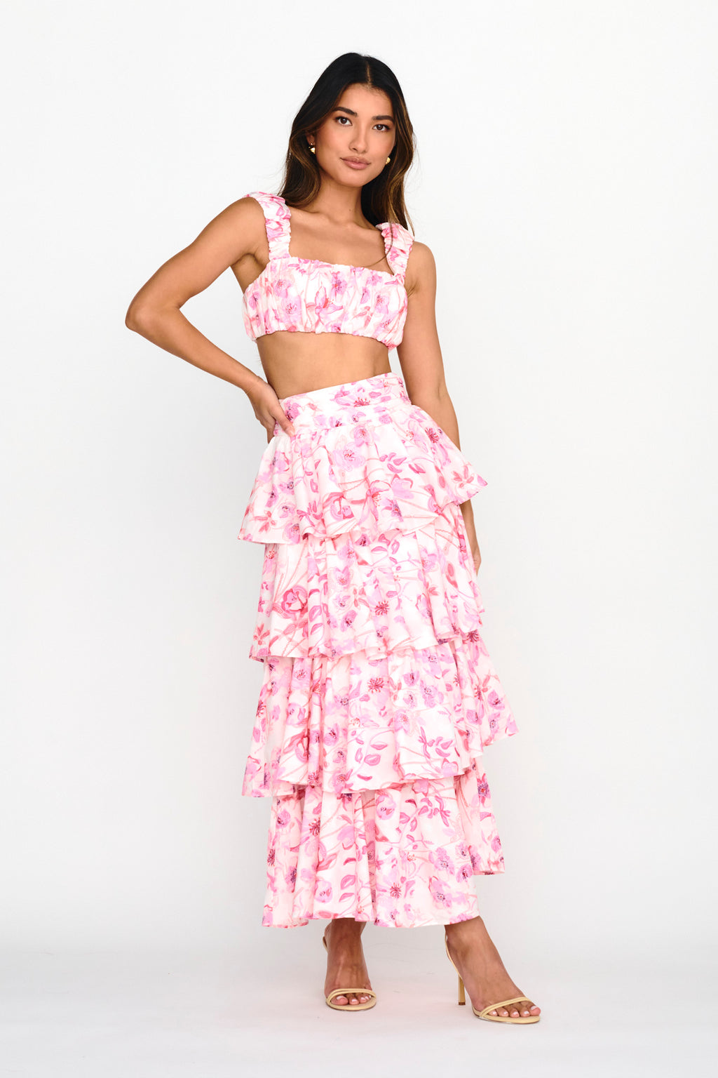 Suenito Gathered Crop Top Floral Pink by Selfie Leslie Australia