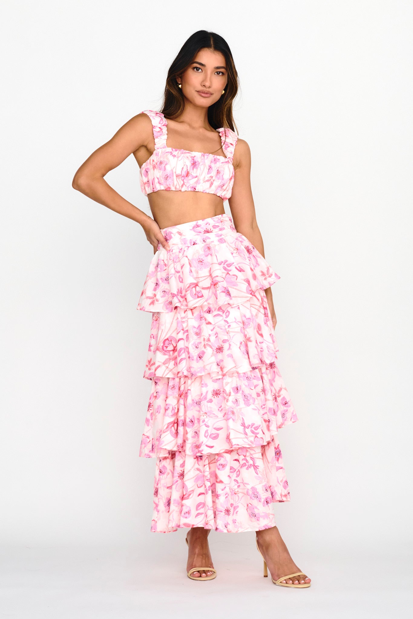 Suenito Gathered Crop Top Floral Pink by Selfie Leslie Australia