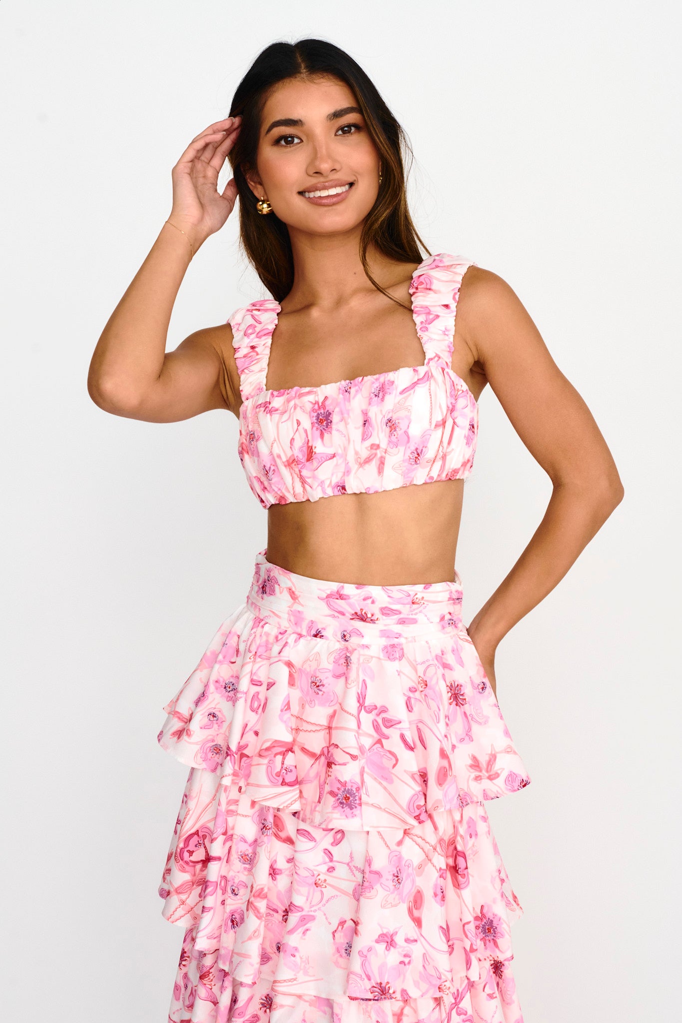 Suenito Gathered Crop Top Floral Pink by Selfie Leslie Australia