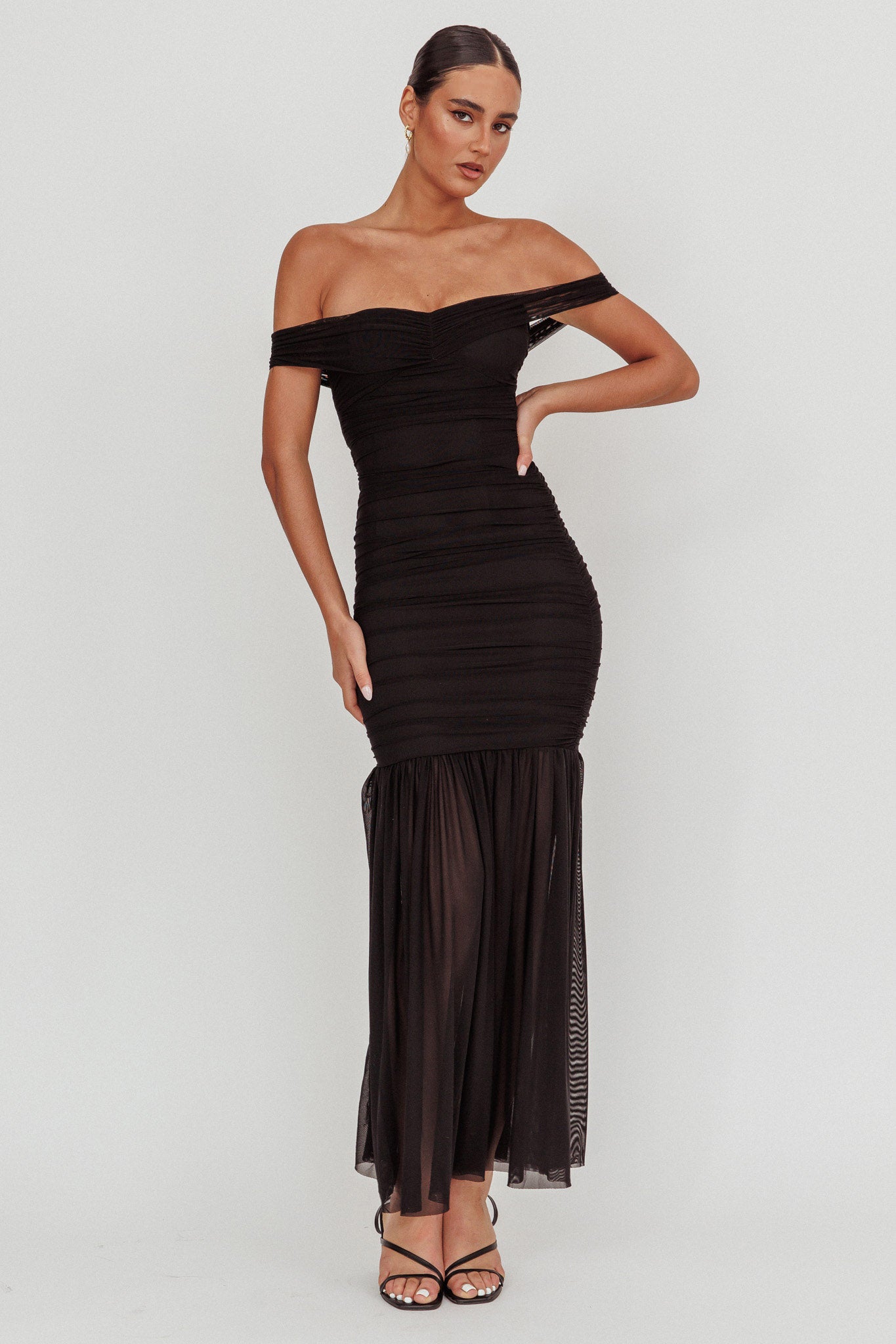 La Salle Off Shoulder Mesh Maxi Dress Black by Selfie Leslie Australia