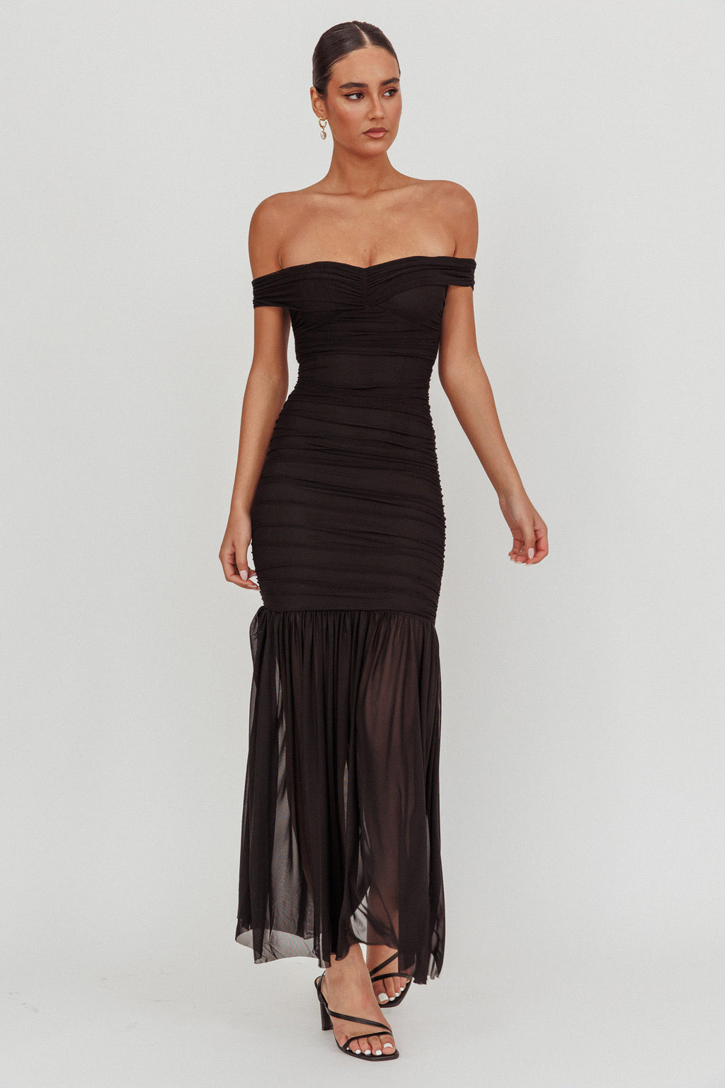 La Salle Off Shoulder Mesh Maxi Dress Black by Selfie Leslie Australia