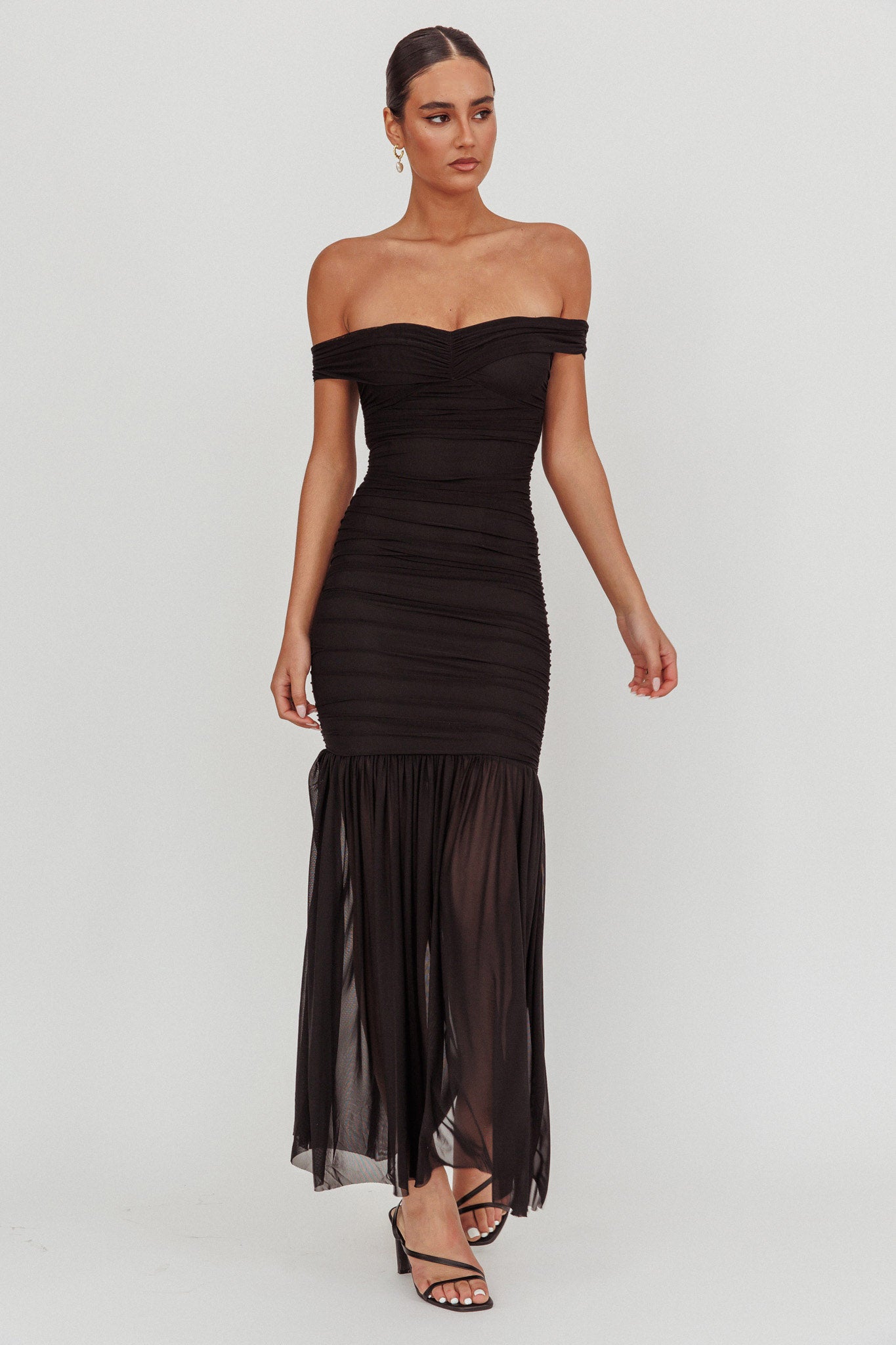 La Salle Off Shoulder Mesh Maxi Dress Black by Selfie Leslie Australia