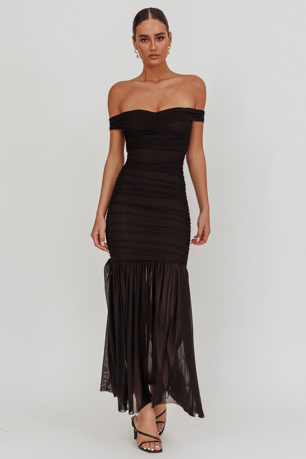 La Salle Off Shoulder Mesh Maxi Dress Black by Selfie Leslie Australia