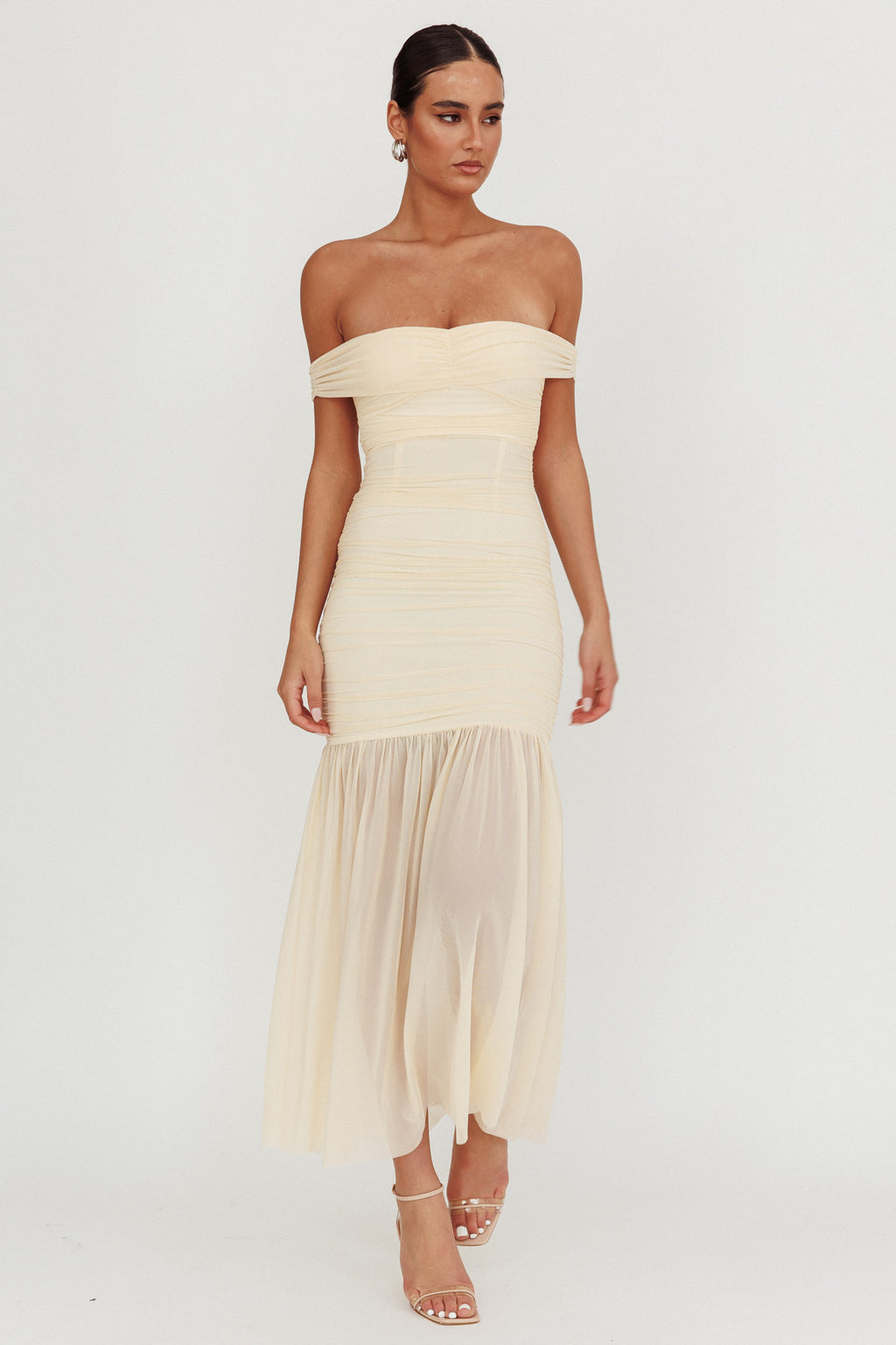 La Salle Off Shoulder Mesh Maxi Dress Ivory by Selfie Leslie Australia