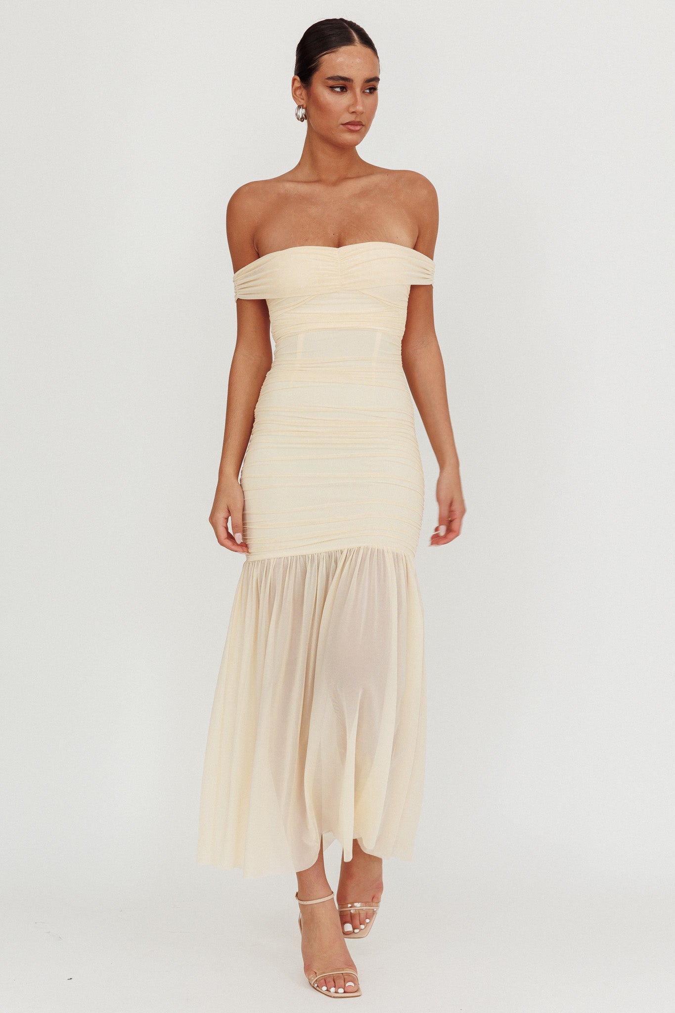 La Salle Off Shoulder Mesh Maxi Dress Ivory by Selfie Leslie Australia
