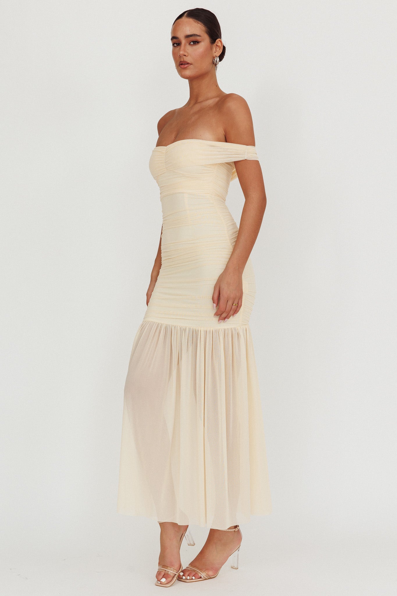 La Salle Off Shoulder Mesh Maxi Dress Ivory by Selfie Leslie Australia