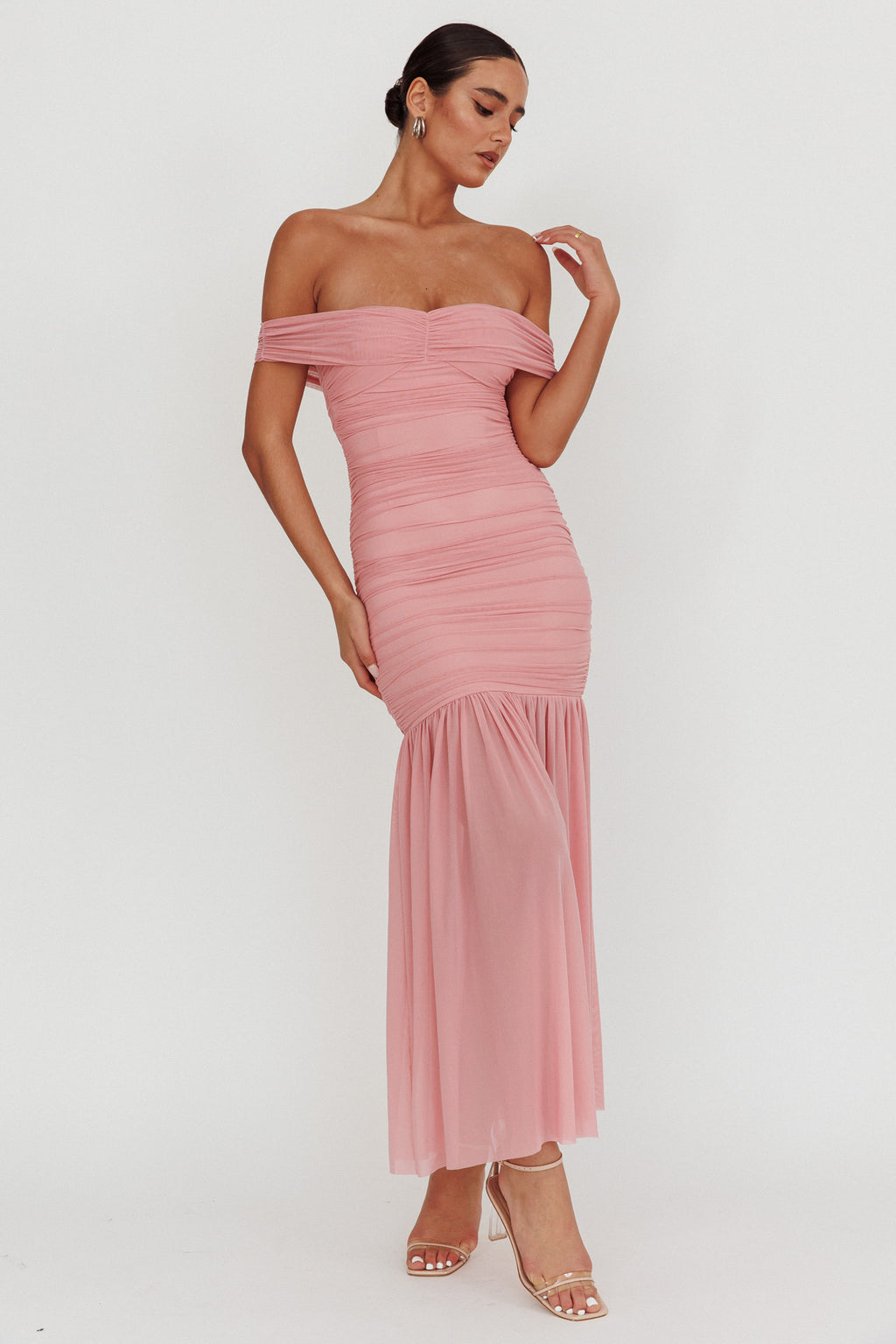 La Salle Off Shoulder Mesh Maxi Dress Pink by Selfie Leslie Australia