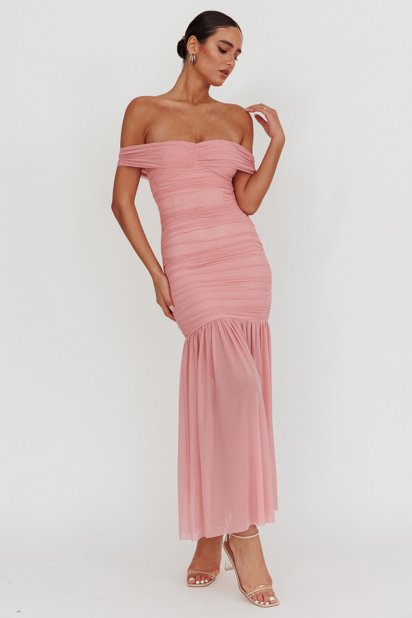 La Salle Off Shoulder Mesh Maxi Dress Pink by Selfie Leslie Australia