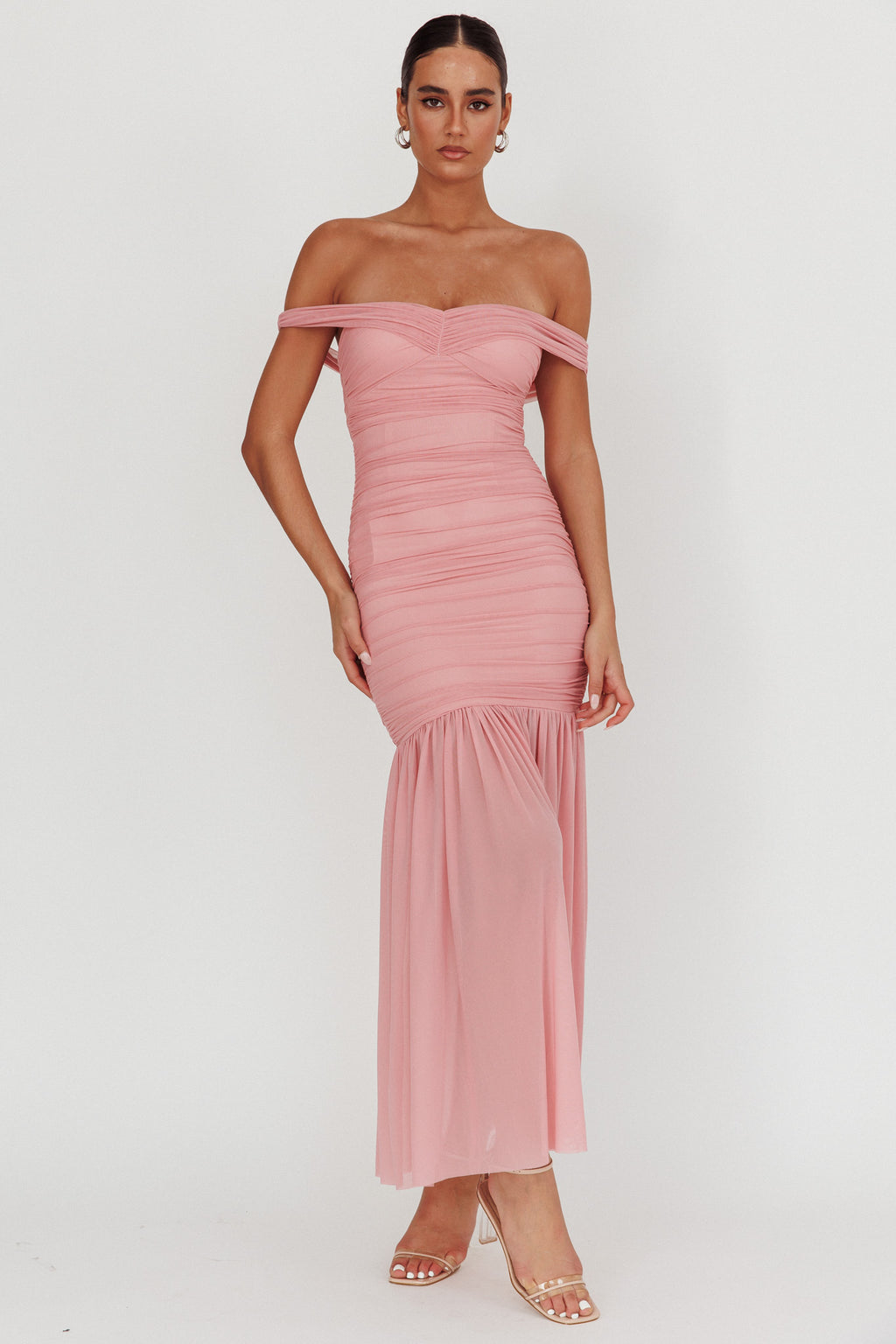 La Salle Off Shoulder Mesh Maxi Dress Pink by Selfie Leslie Australia