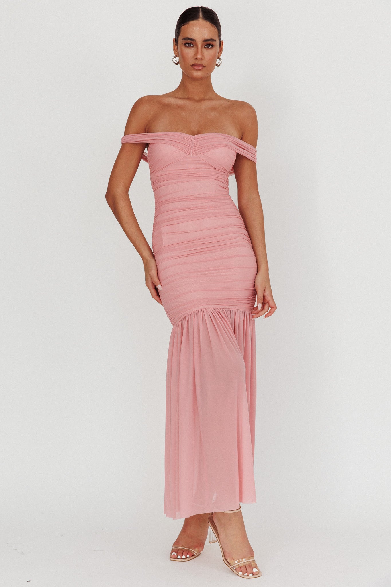 La Salle Off Shoulder Mesh Maxi Dress Pink by Selfie Leslie Australia