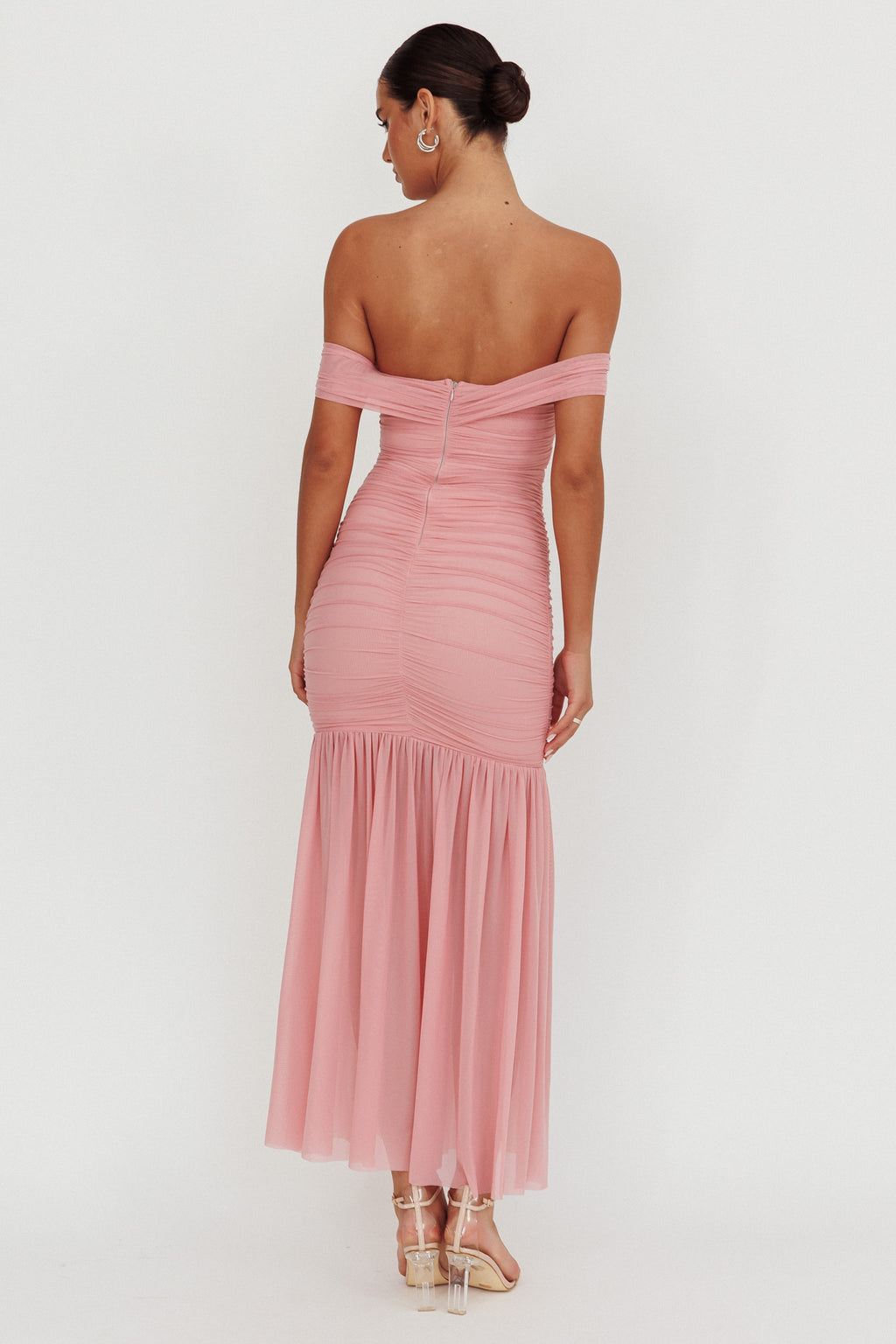 La Salle Off Shoulder Mesh Maxi Dress Pink by Selfie Leslie Australia