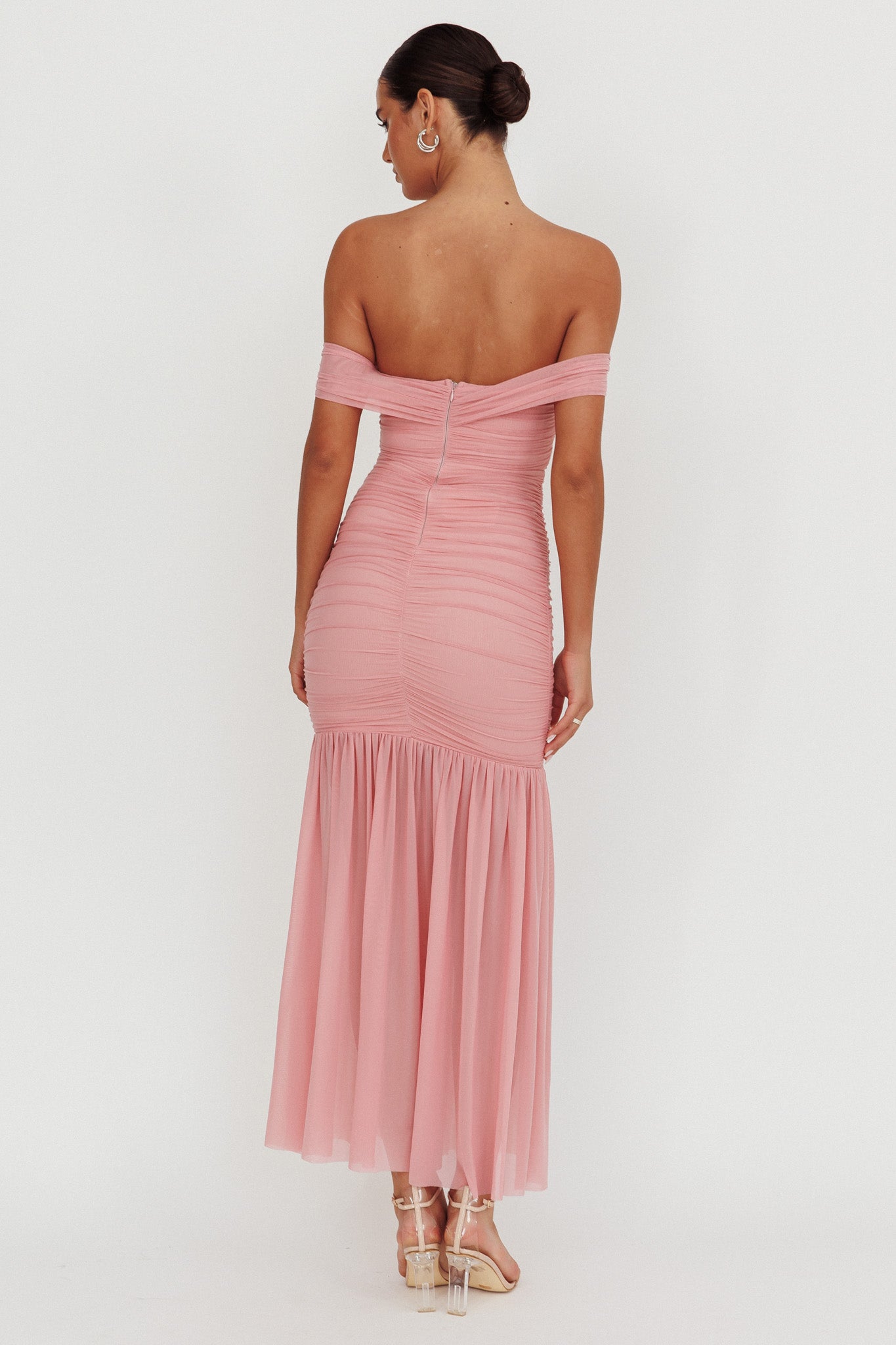 La Salle Off Shoulder Mesh Maxi Dress Pink by Selfie Leslie Australia