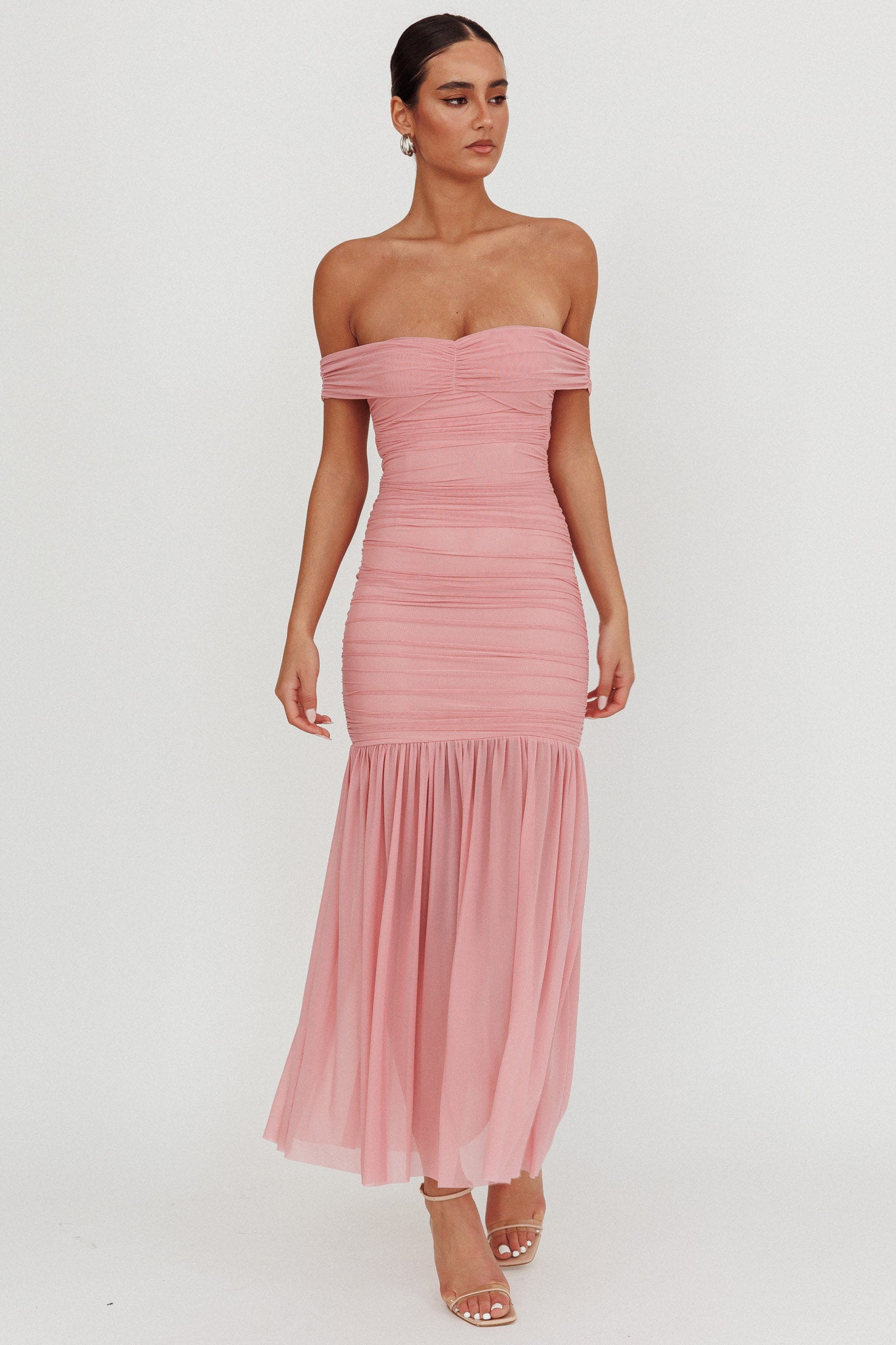 La Salle Off Shoulder Mesh Maxi Dress Pink by Selfie Leslie Australia