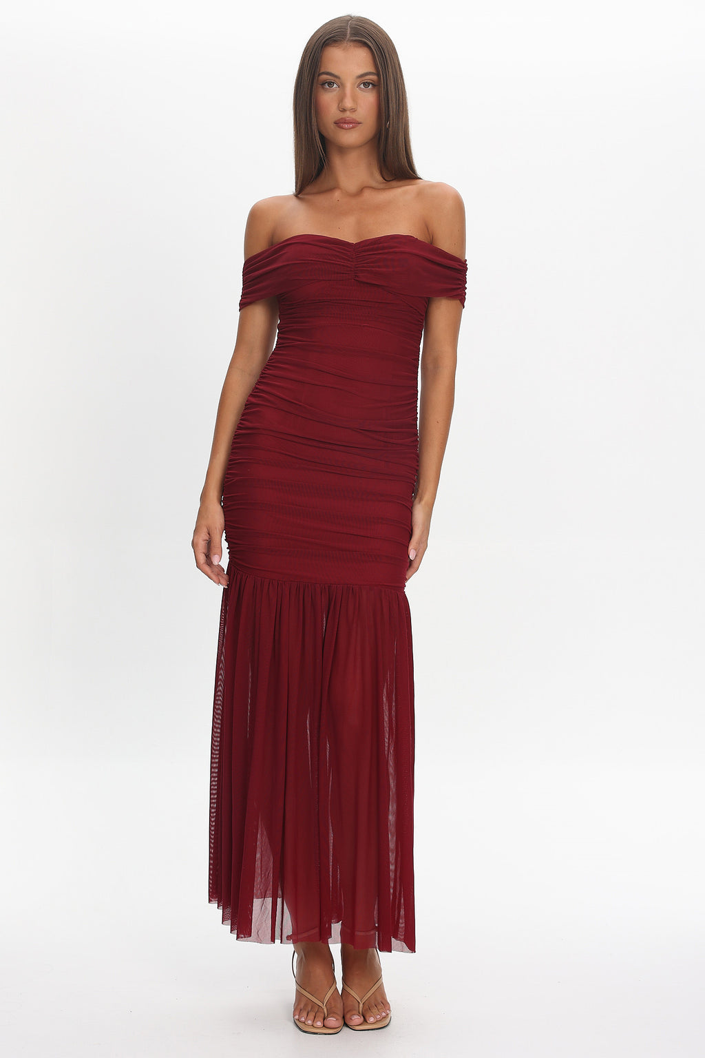 La Salle Off Shoulder Mesh Maxi Dress Wine by Selfie Leslie Australia