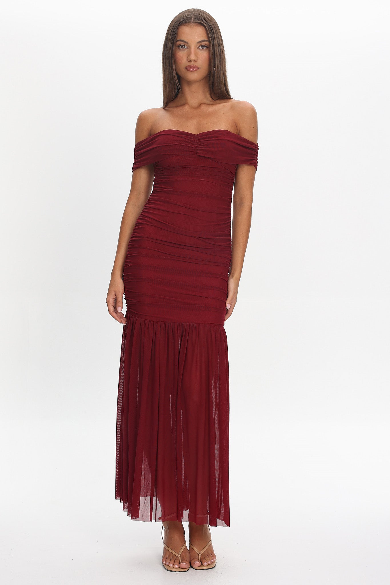 La Salle Off Shoulder Mesh Maxi Dress Wine by Selfie Leslie Australia