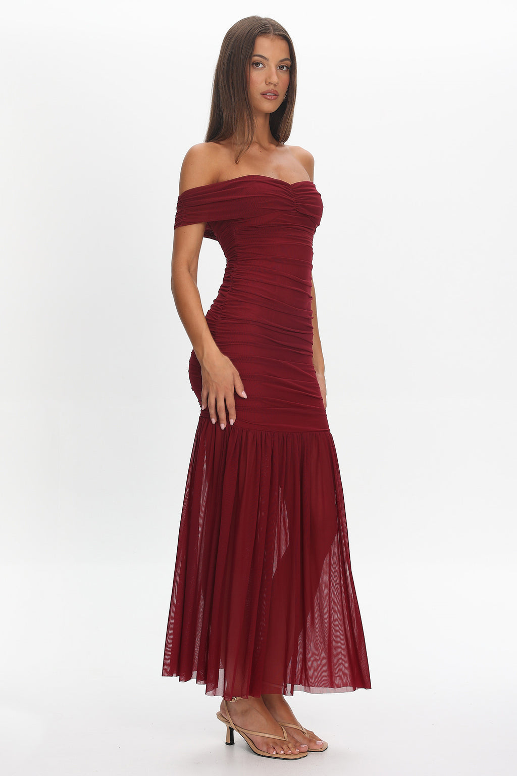 La Salle Off Shoulder Mesh Maxi Dress Wine by Selfie Leslie Australia