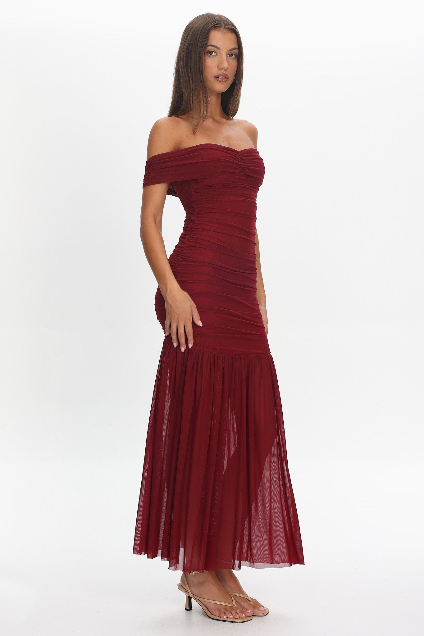 La Salle Off Shoulder Mesh Maxi Dress Wine by Selfie Leslie Australia