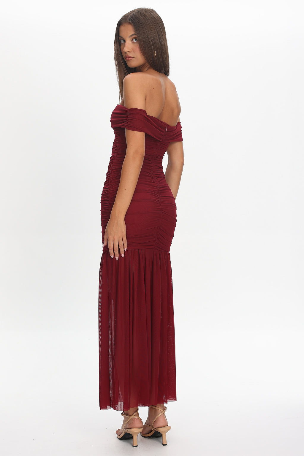 La Salle Off Shoulder Mesh Maxi Dress Wine by Selfie Leslie Australia