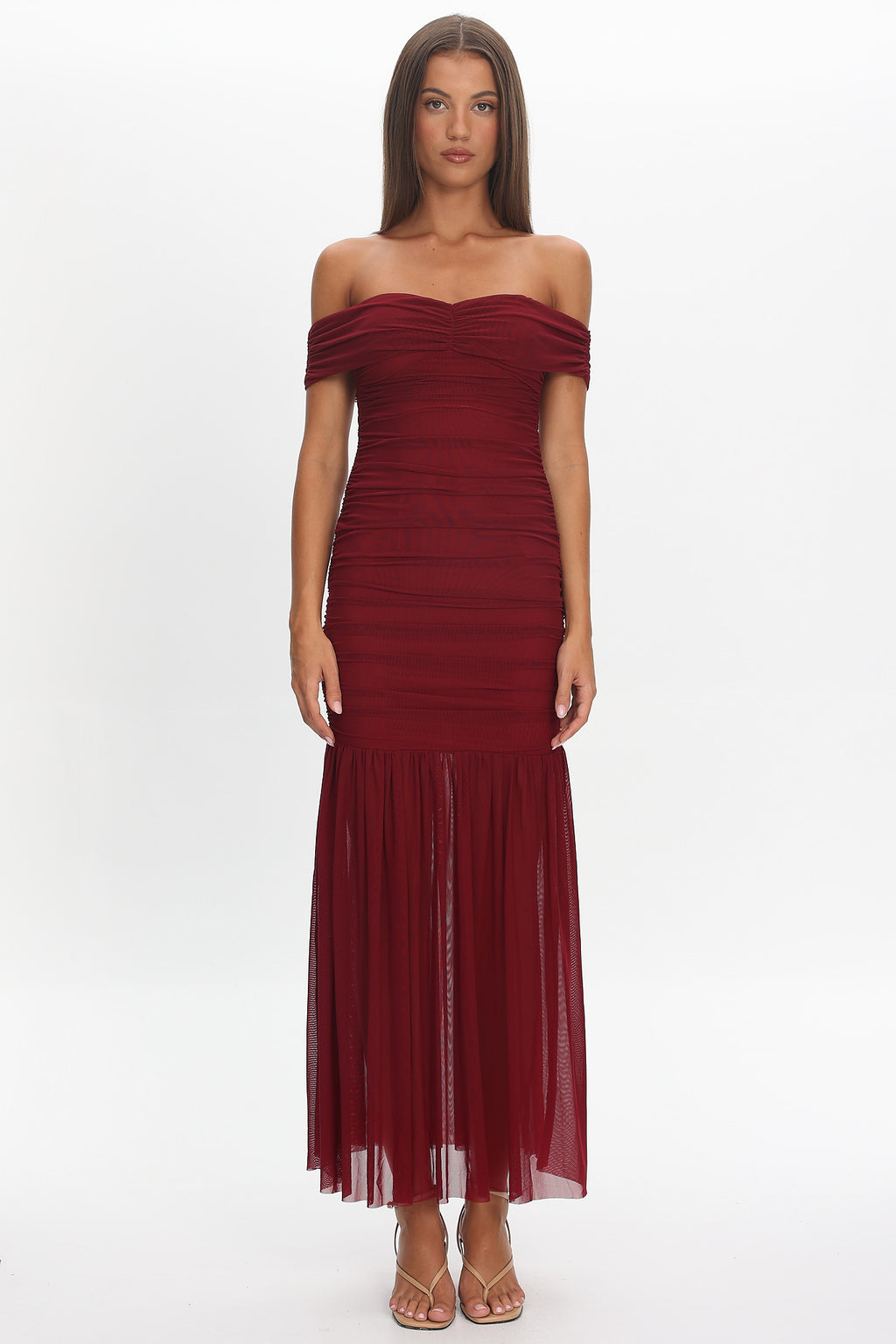 La Salle Off Shoulder Mesh Maxi Dress Wine by Selfie Leslie Australia