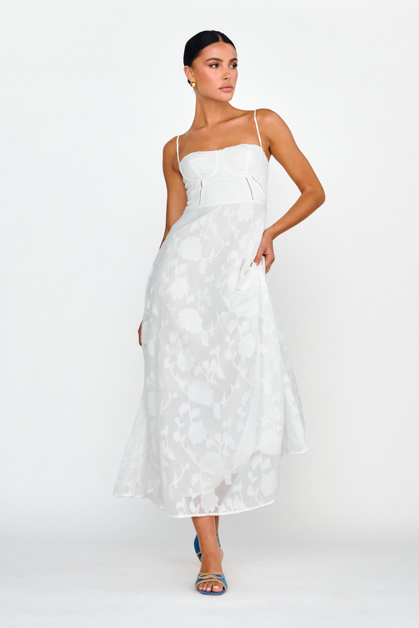 Well Wishing Textured Laced Back Midi Dress White by Selfie Leslie Australia