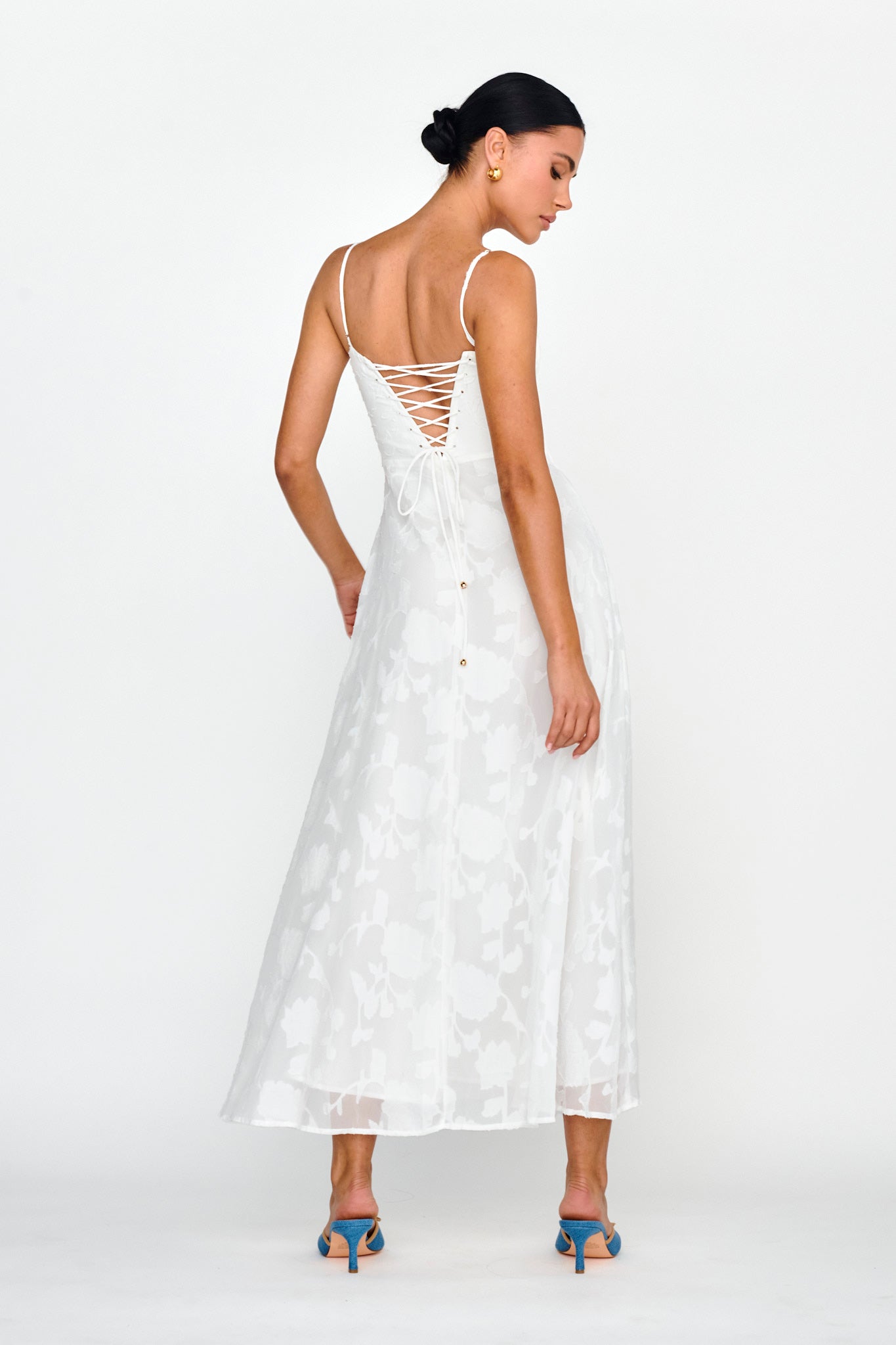 Well Wishing Textured Laced Back Midi Dress White by Selfie Leslie Australia