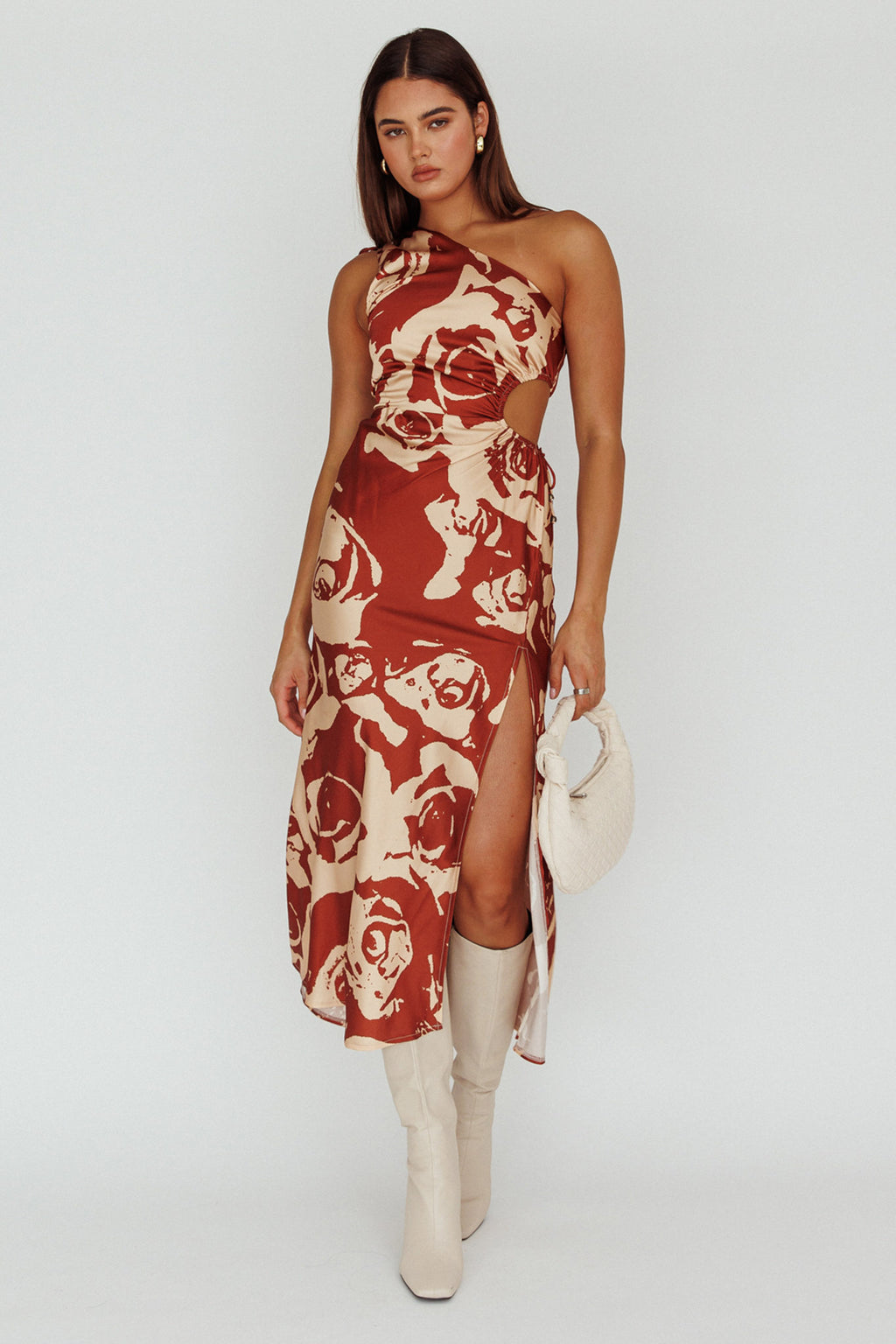 Charisma One-Shoulder Cut-Out Midi Dress Floral Coffee by Selfie Leslie Australia