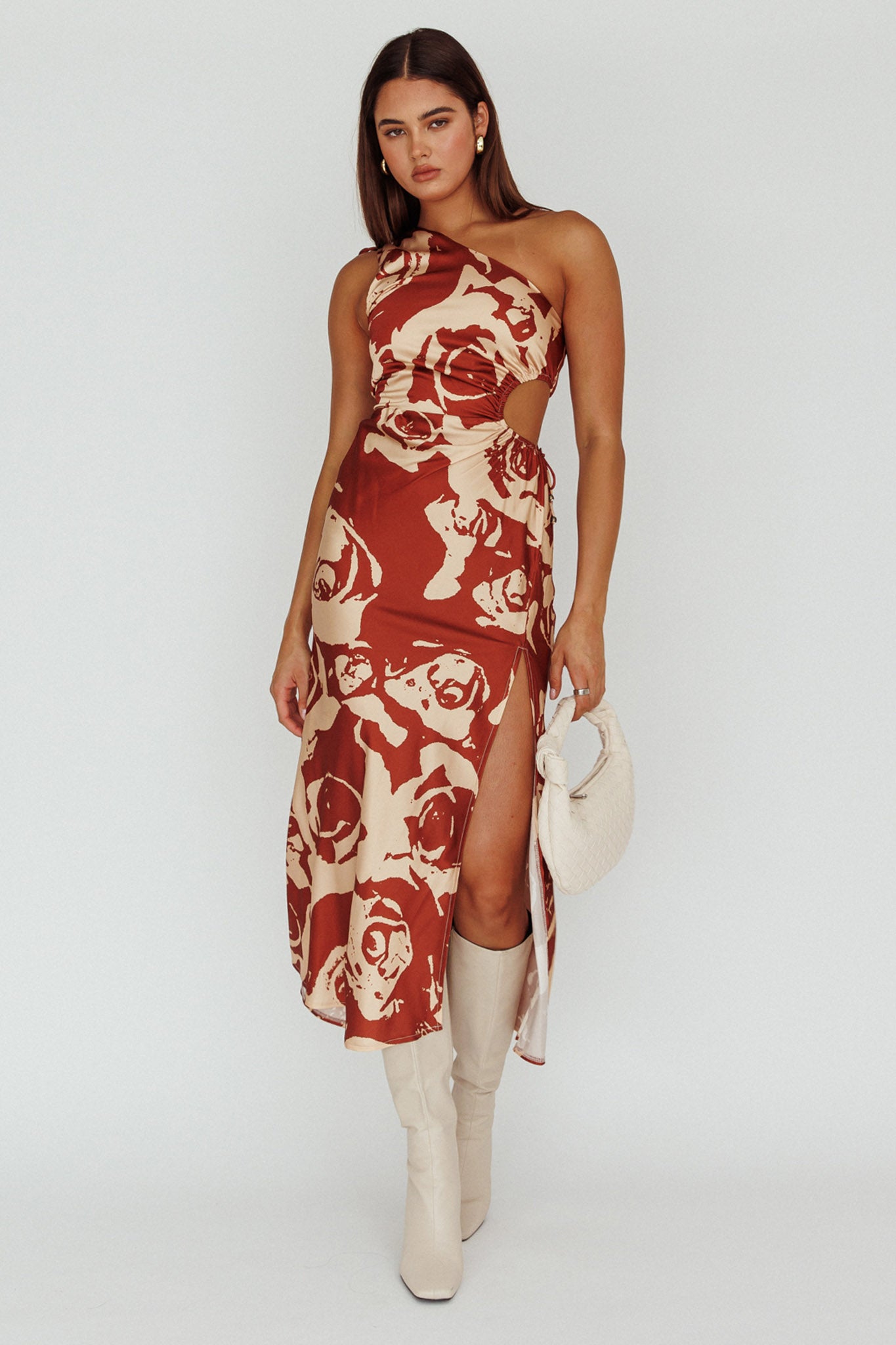 Charisma One-Shoulder Cut-Out Midi Dress Floral Coffee by Selfie Leslie Australia