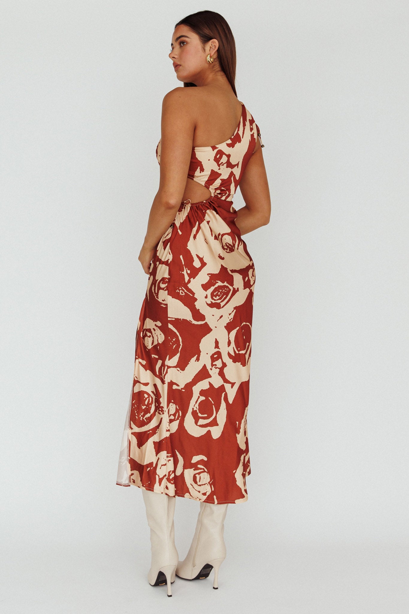 Charisma One-Shoulder Cut-Out Midi Dress Floral Coffee by Selfie Leslie Australia